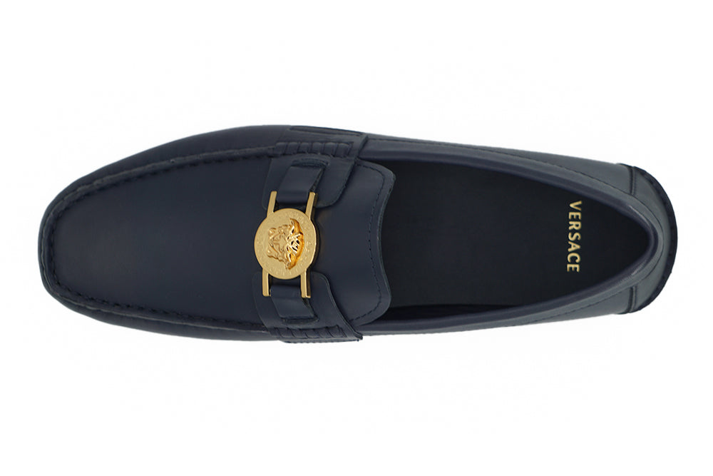 Versace Navy Blue Calf Leather Loafers Shoes | Regal Royce