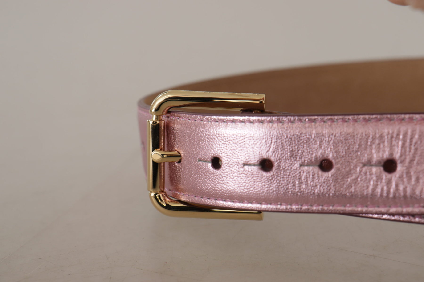 Dolce & Gabbana Metallic Pink Polished Leather Logo Metal Buckle Belt | Regal Royce