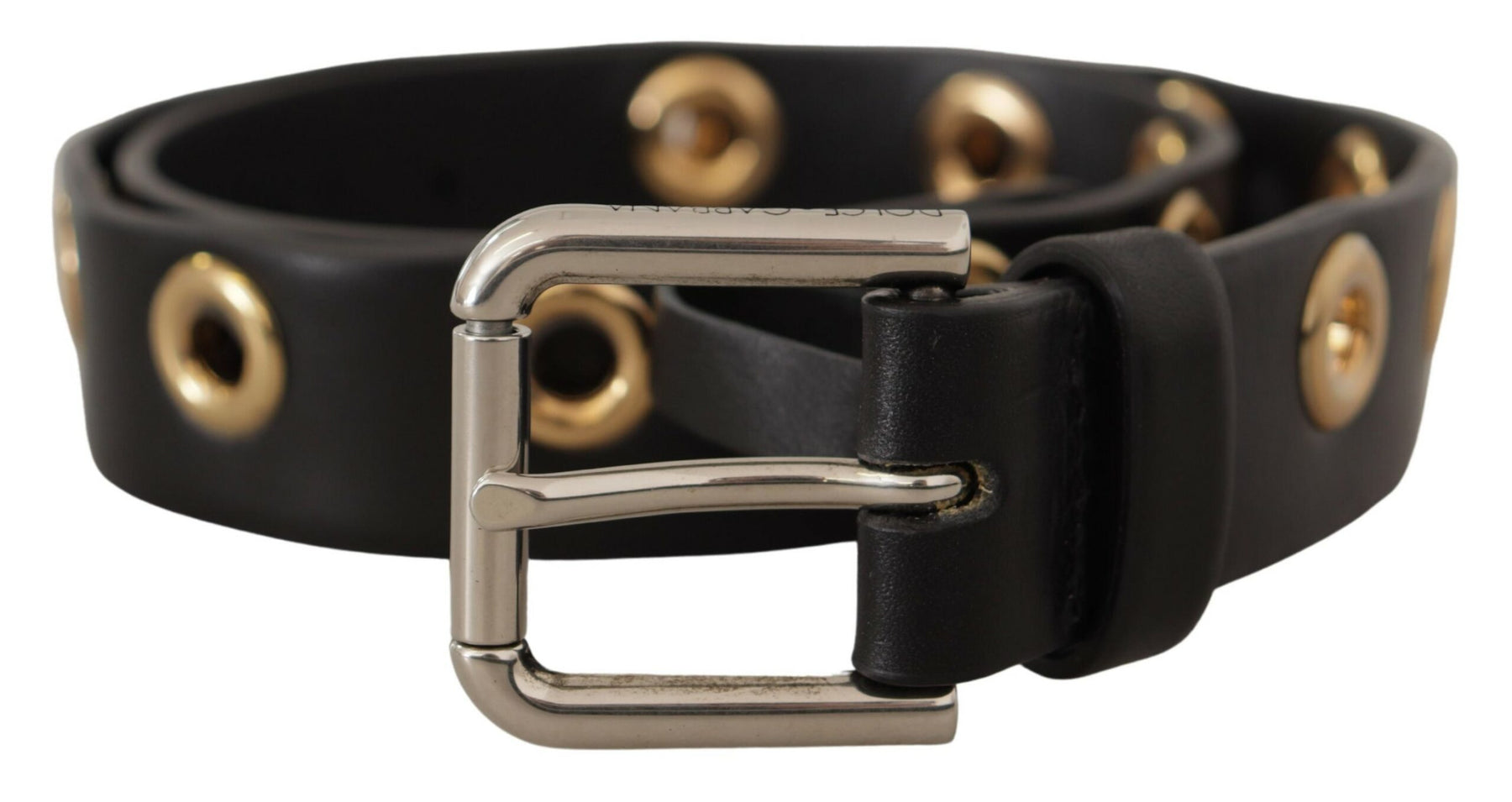 Dolce & Gabbana Black Leather Eyelet Silver Tone Metal Buckle Belt | Regal Royce