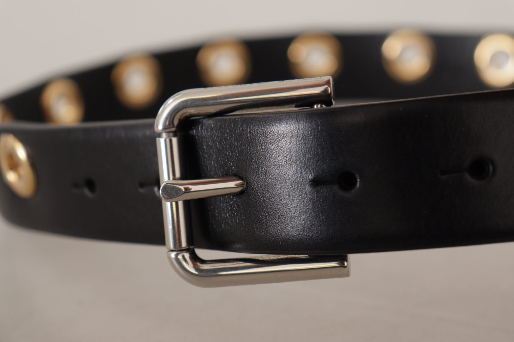 Dolce & Gabbana Black Leather Eyelet Silver Tone Metal Buckle Belt | Regal Royce