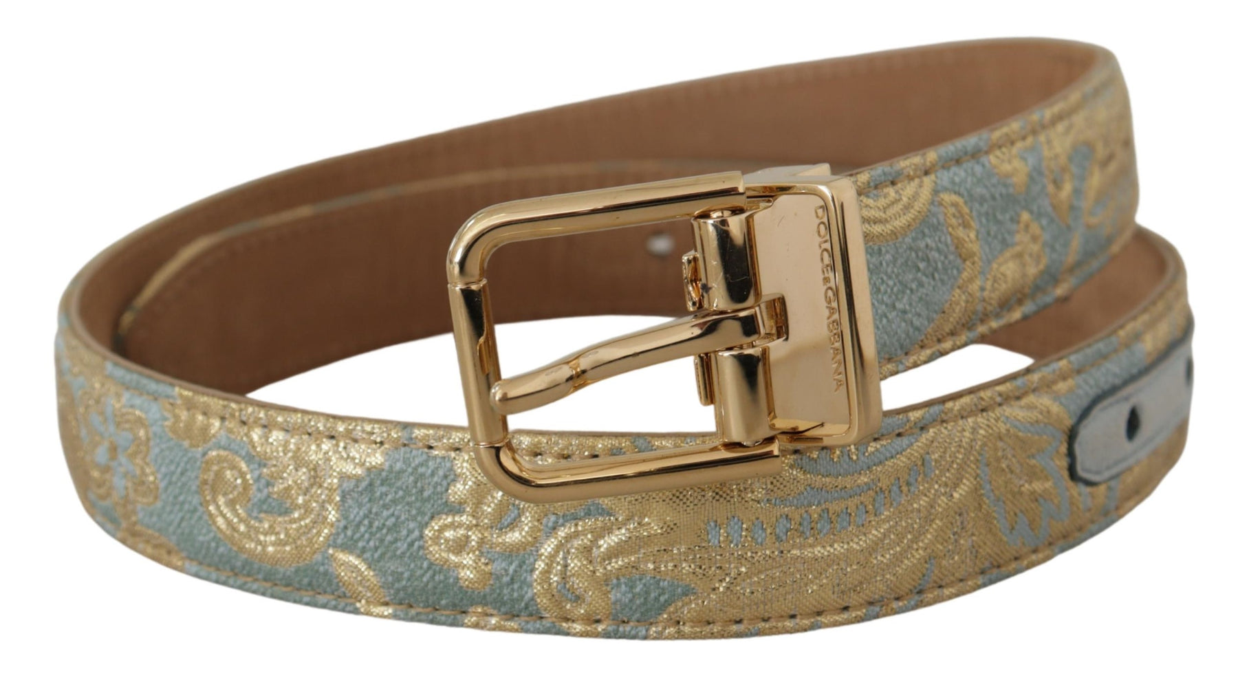 Dolce & Gabbana Blue Leather Jacquard Embossed Gold Metal Buckle Belt | Regal Royce