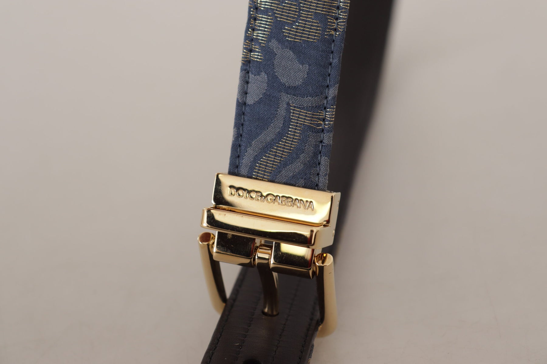 Dolce & Gabbana Navy Blue Jacquard Gold Tone Logo Metal Buckle Belt | Regal Royce