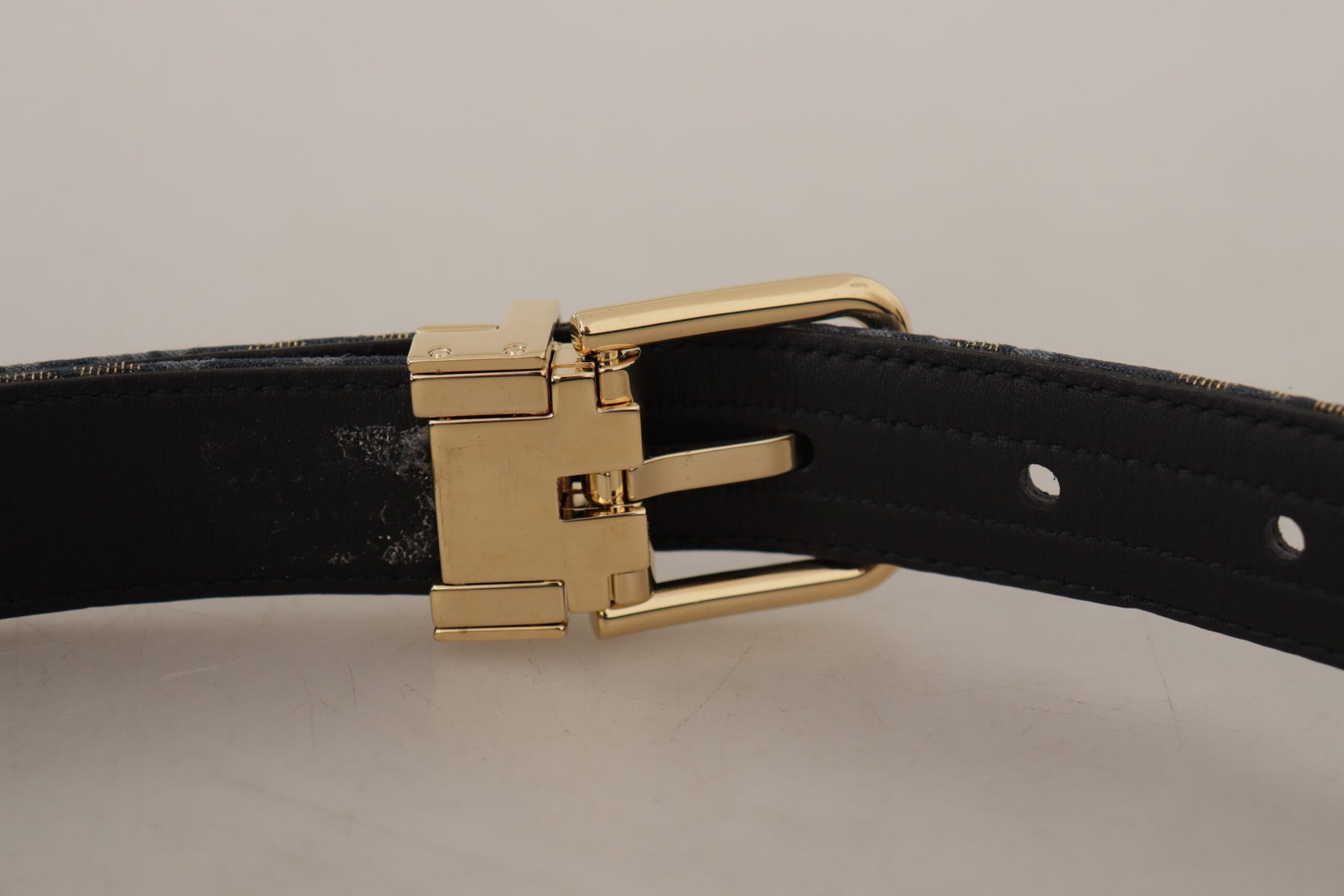 Dolce & Gabbana Navy Blue Jacquard Gold Tone Logo Metal Buckle Belt | Regal Royce