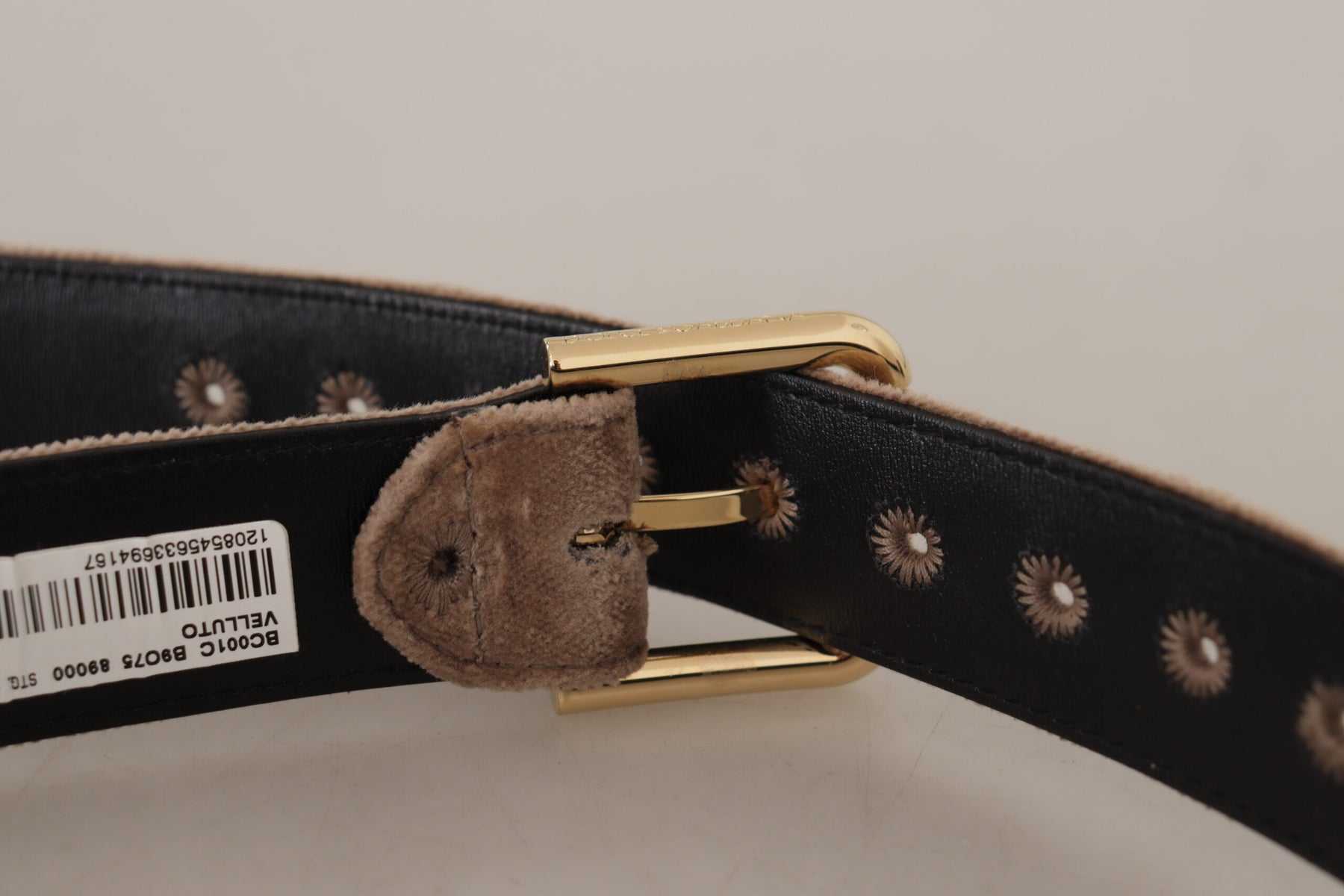 Dolce & Gabbana Light Brown Velvet Gold Tone Logo Metal Buckle Belt | Regal Royce