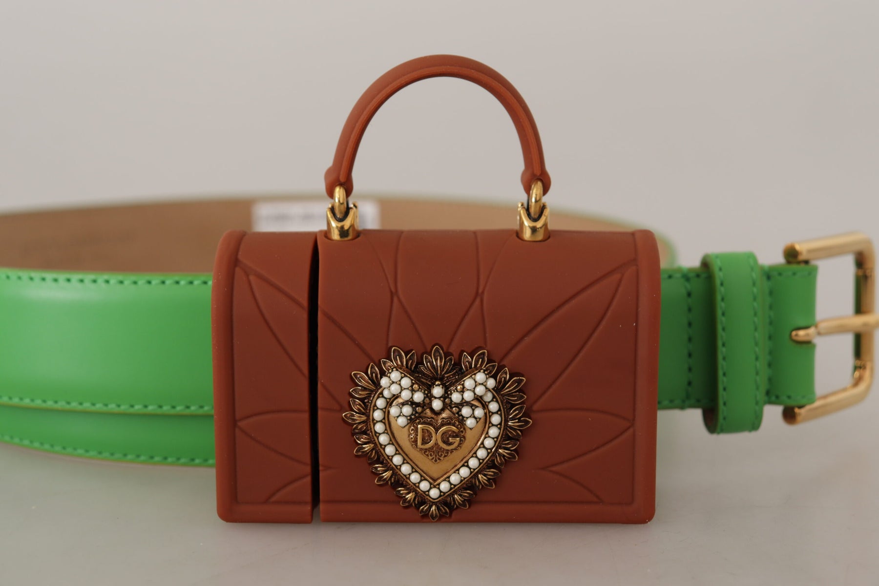Dolce & Gabbana Green Leather Devotion Heart Micro Bag Headphones Belt | Regal Royce