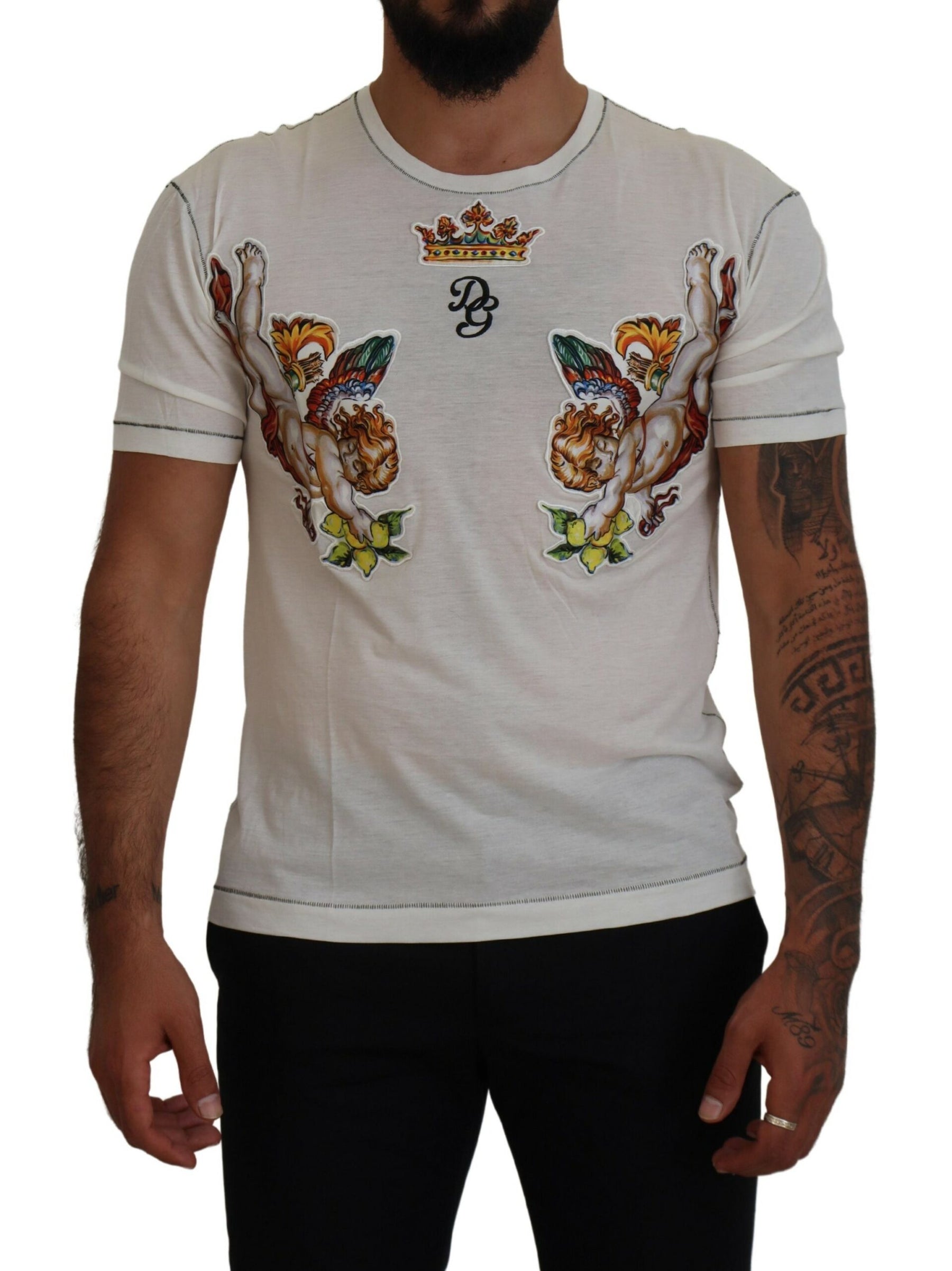 Dolce & Gabbana White Printed Short Sleeves Men T-shirt | Regal Royce