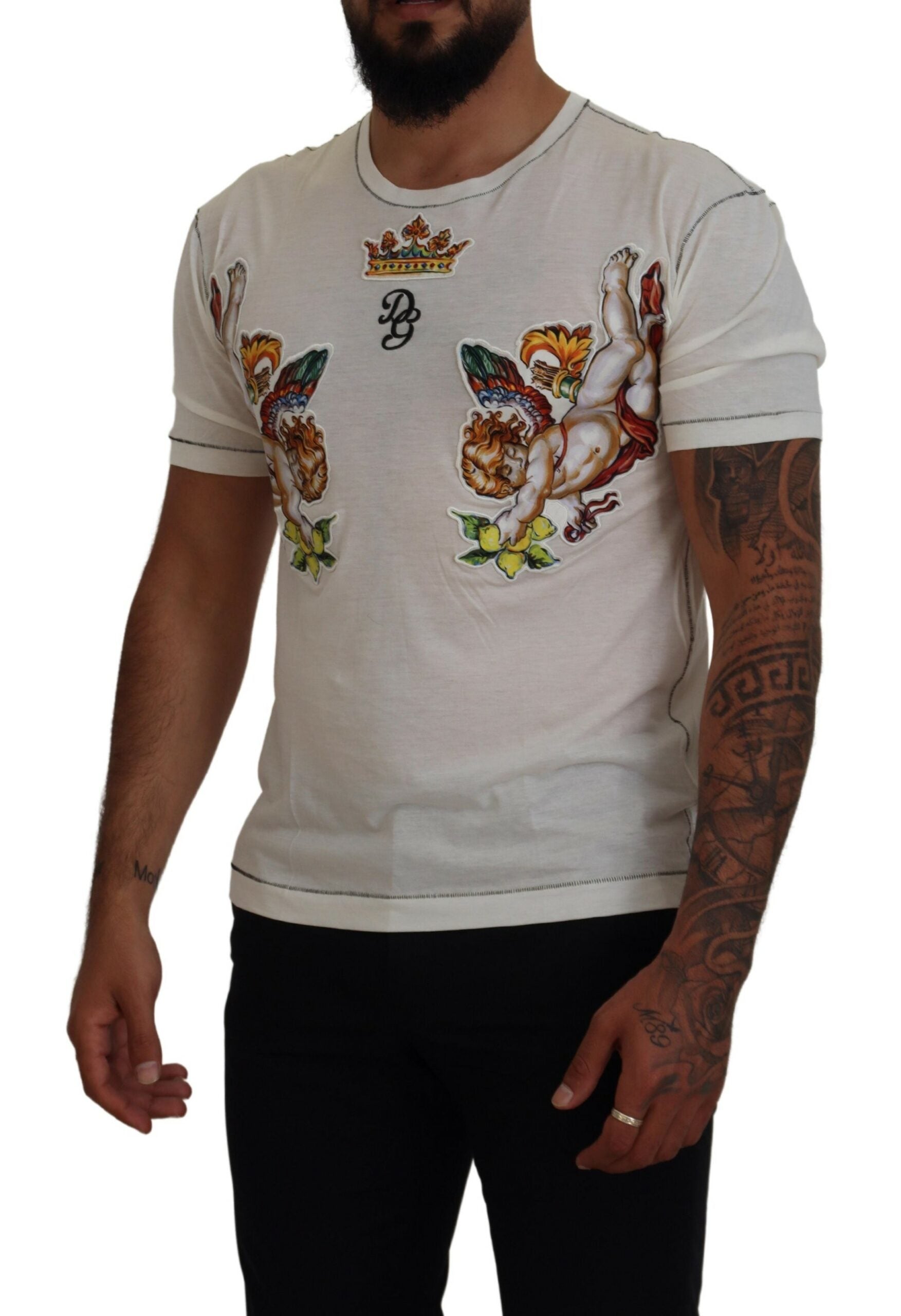 Dolce & Gabbana White Printed Short Sleeves Men T-shirt | Regal Royce