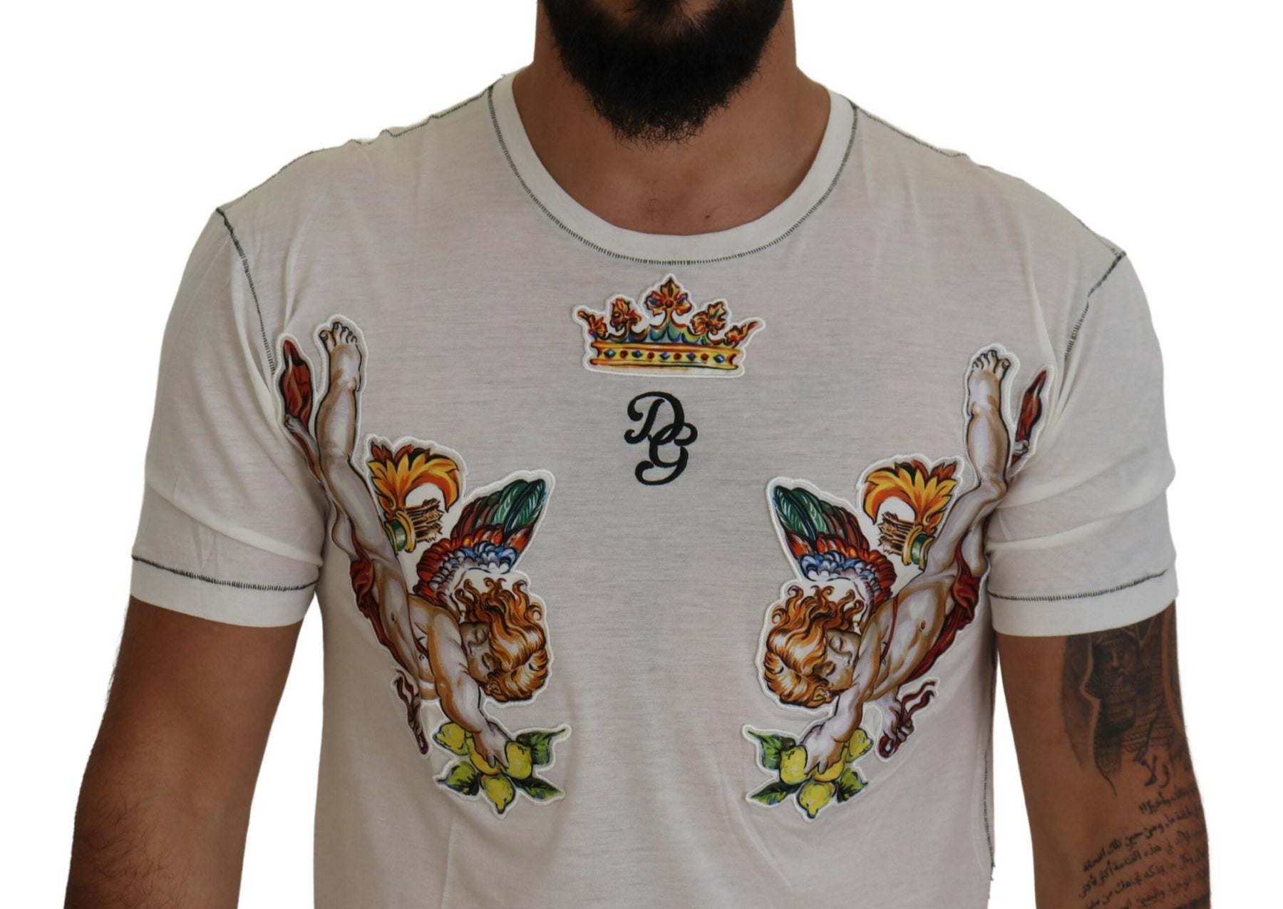 Dolce & Gabbana White Printed Short Sleeves Men T-shirt | Regal Royce