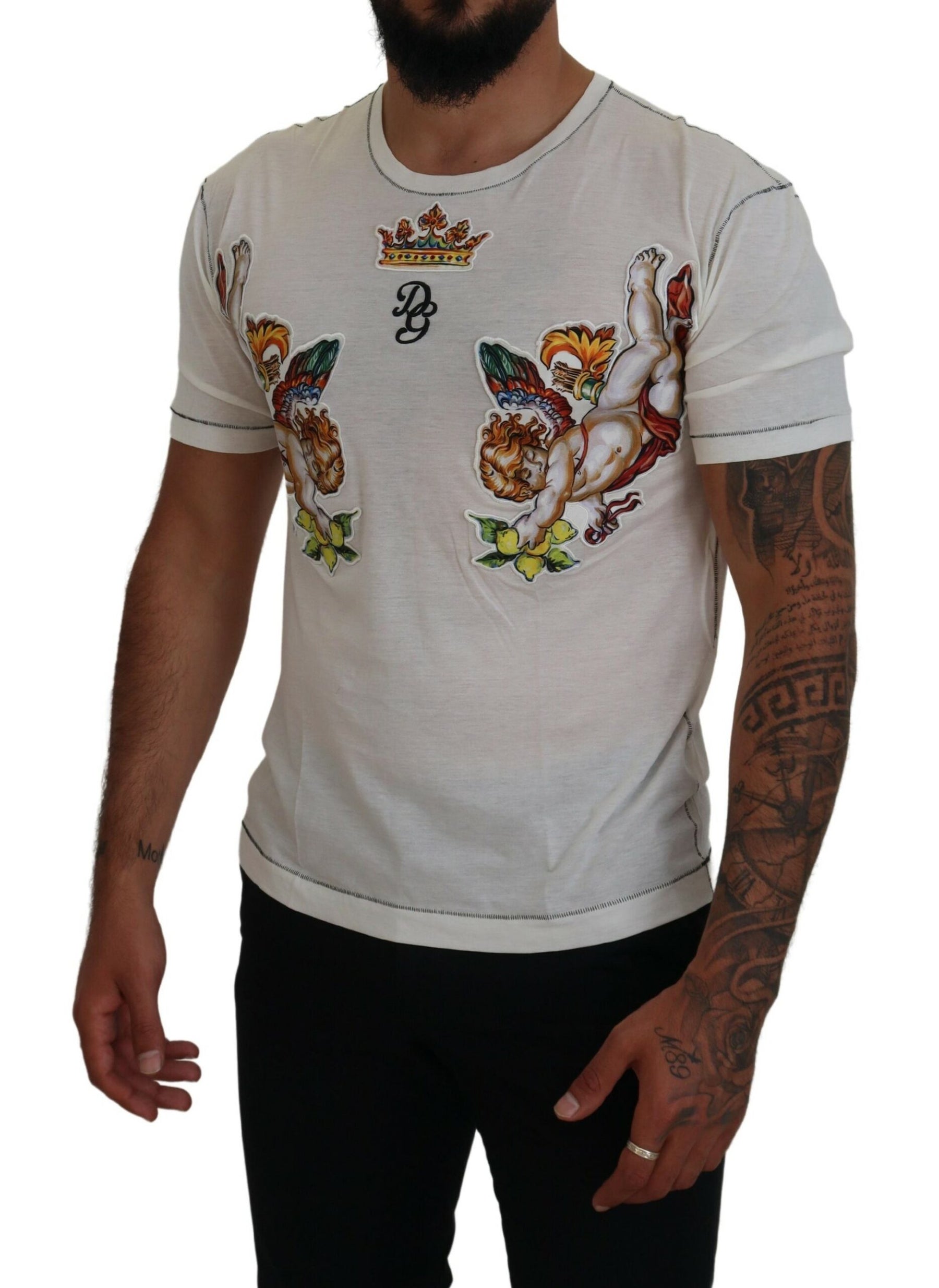 Dolce & Gabbana White Printed Short Sleeves Men T-shirt | Regal Royce