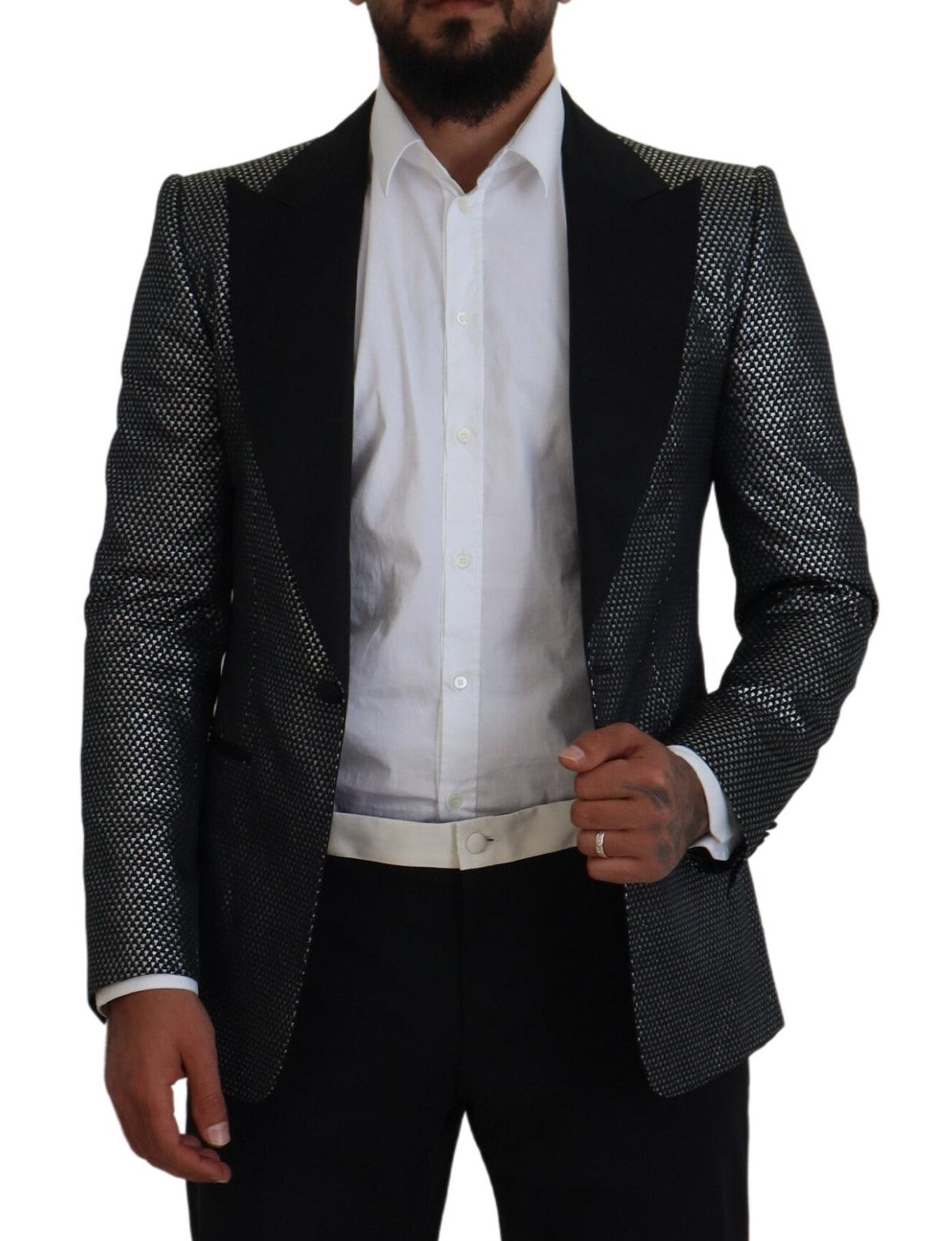 Dolce & Gabbana Black Silver Jacquard Slim Fit Jacket Blazer | Regal Royce