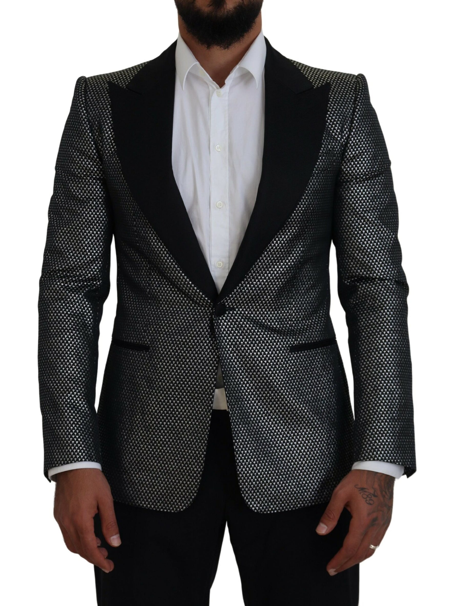 Dolce & Gabbana Black Silver Jacquard Slim Fit Jacket Blazer | Regal Royce
