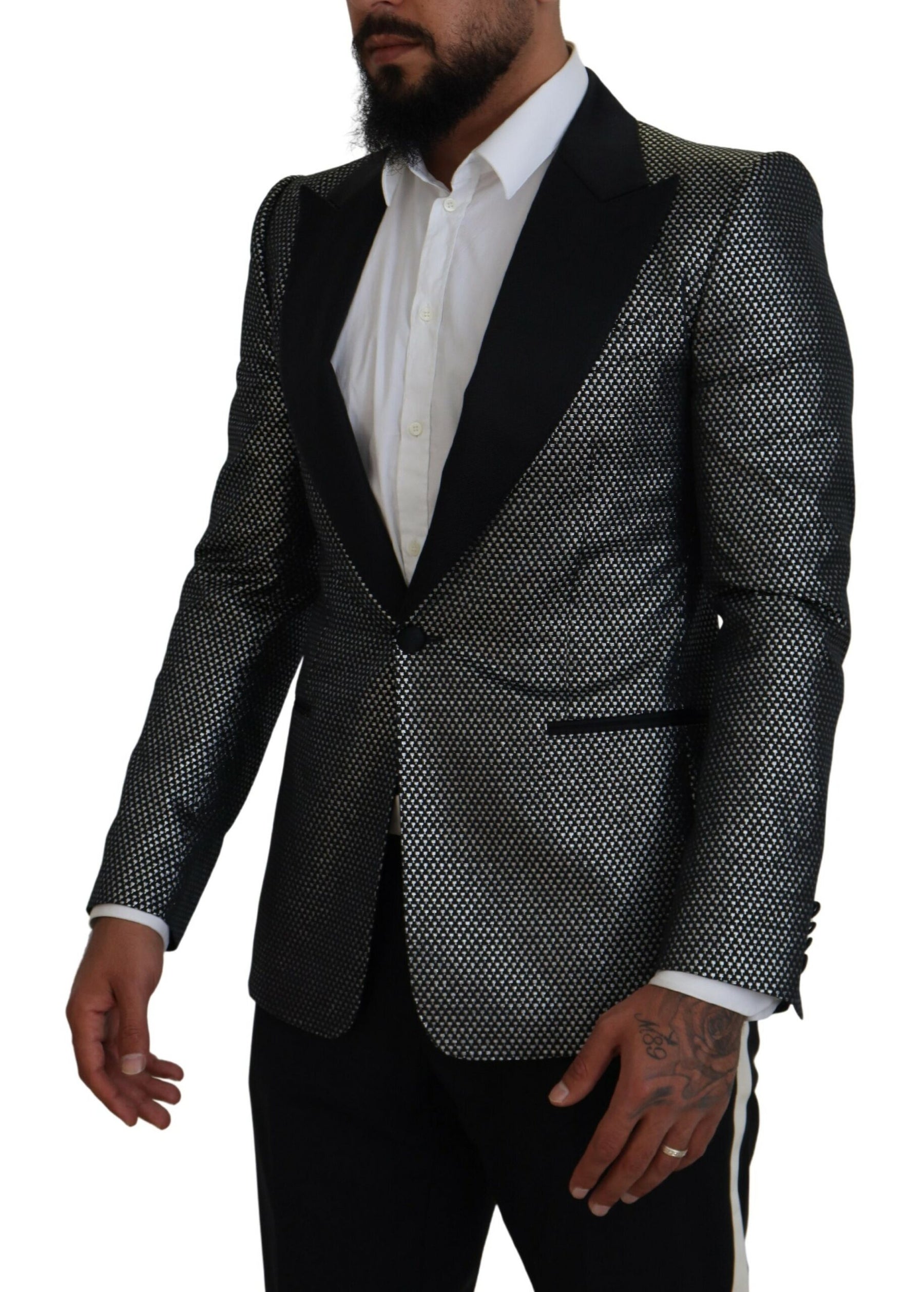 Dolce & Gabbana Black Silver Jacquard Slim Fit Jacket Blazer | Regal Royce
