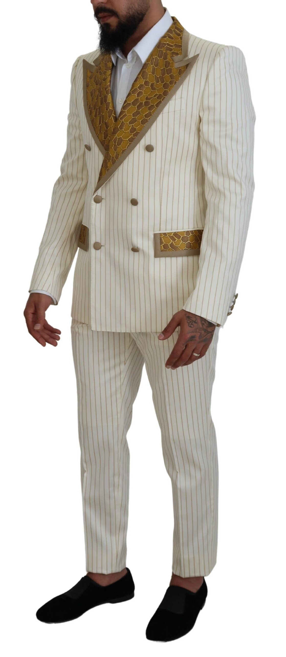 Dolce & Gabbana Off White Gold Striped Tuxedo Slim Fit Suit | Regal Royce