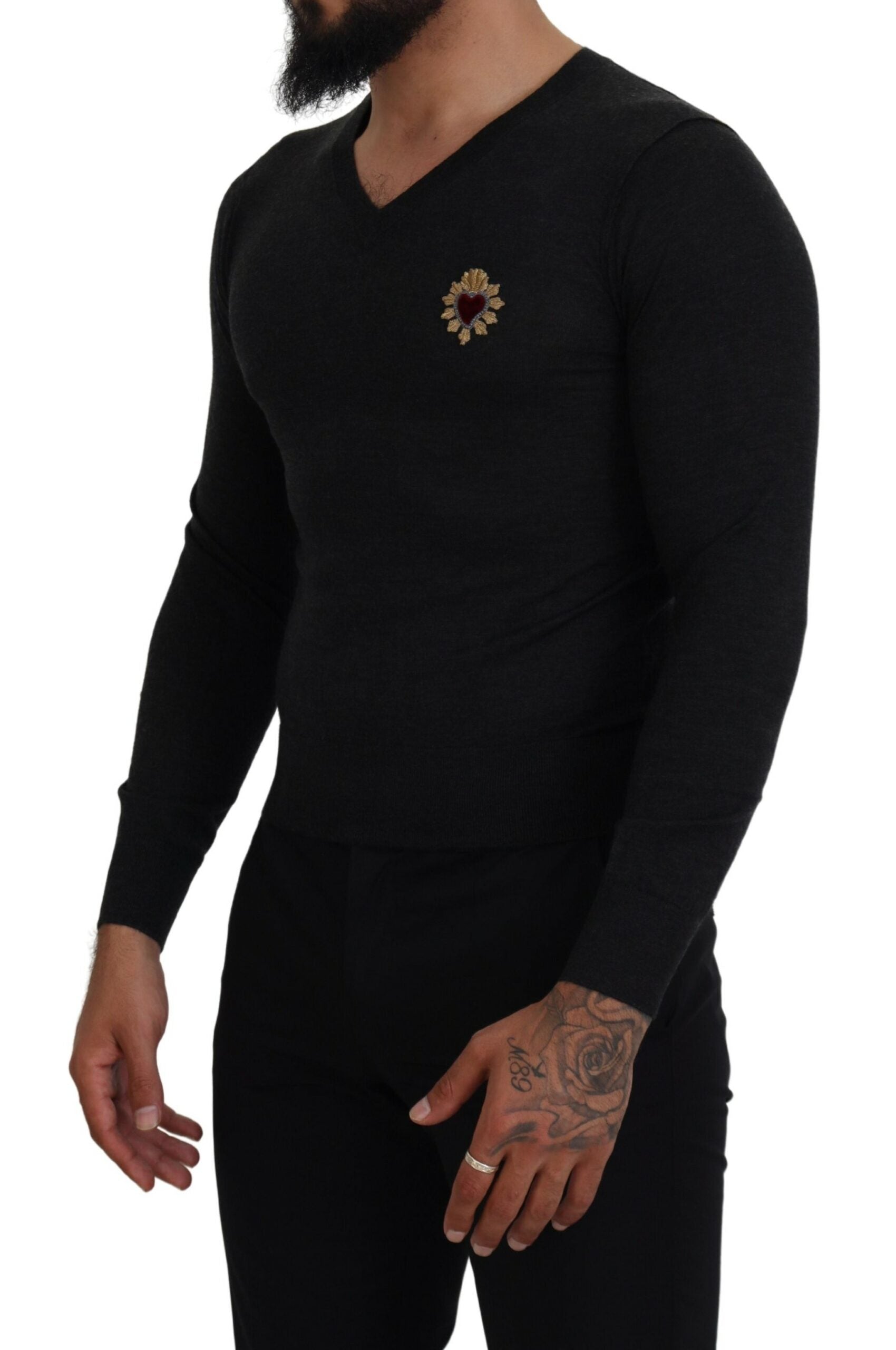 Dolce & Gabbana Gray Cashmere V-neck Gold Heart Sweater | Regal Royce