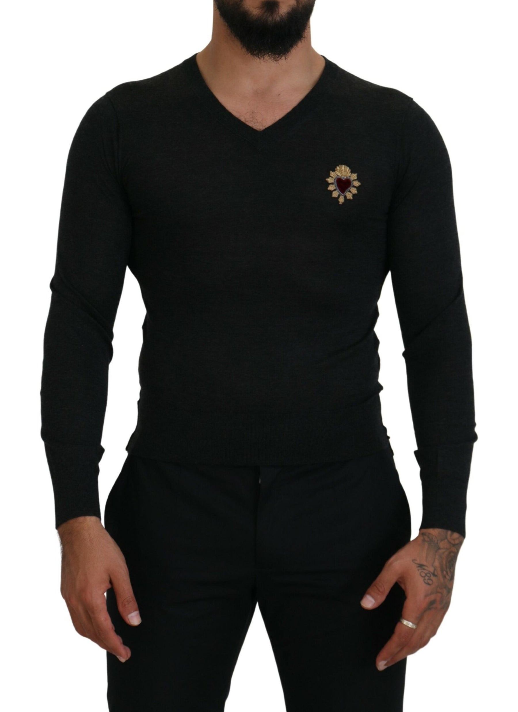 Dolce & Gabbana Gray Cashmere V-neck Gold Heart Sweater | Regal Royce