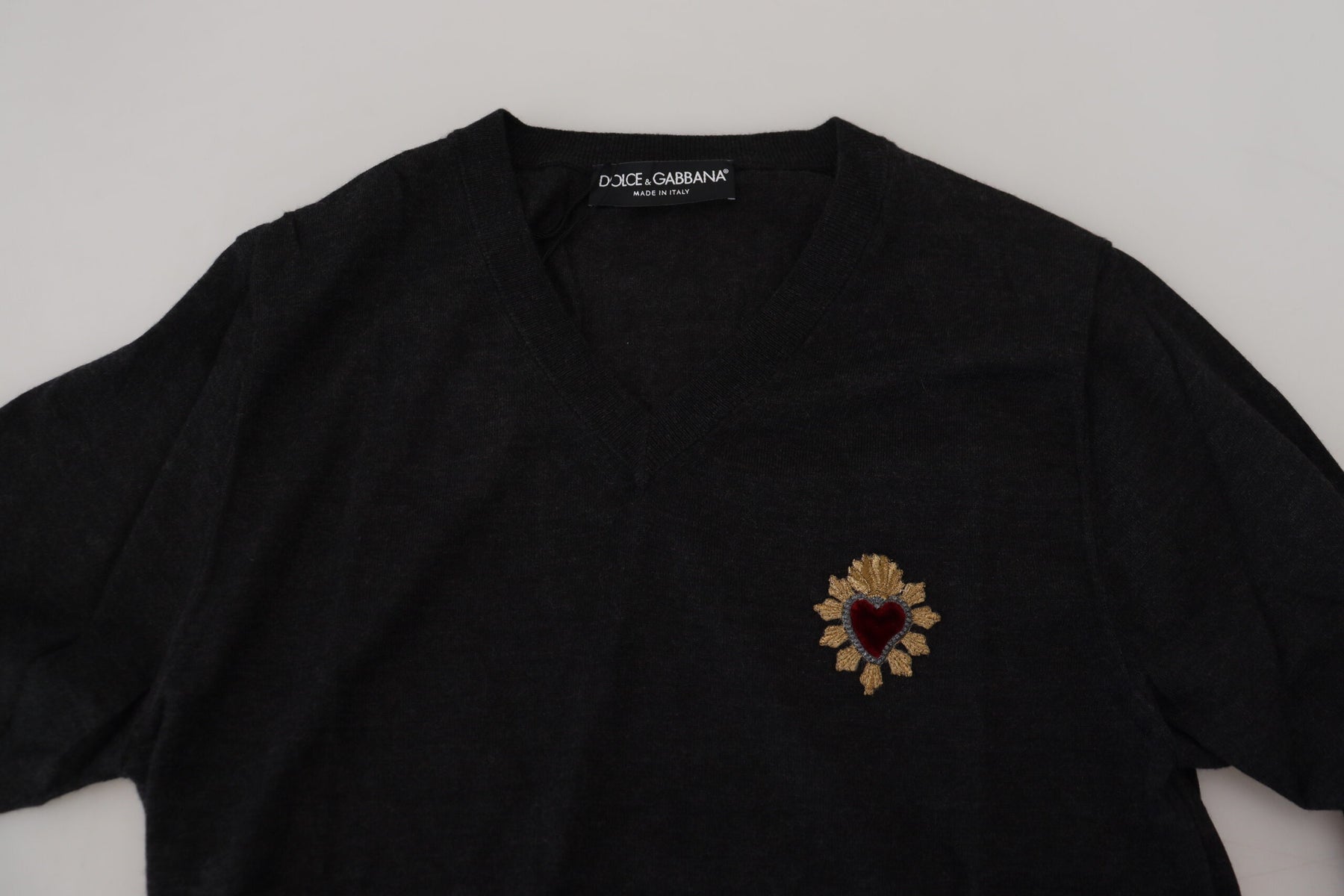 Dolce & Gabbana Gray Cashmere V-neck Gold Heart Sweater | Regal Royce