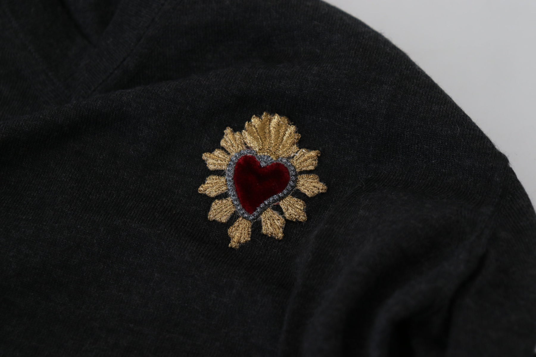 Dolce & Gabbana Gray Cashmere V-neck Gold Heart Sweater | Regal Royce