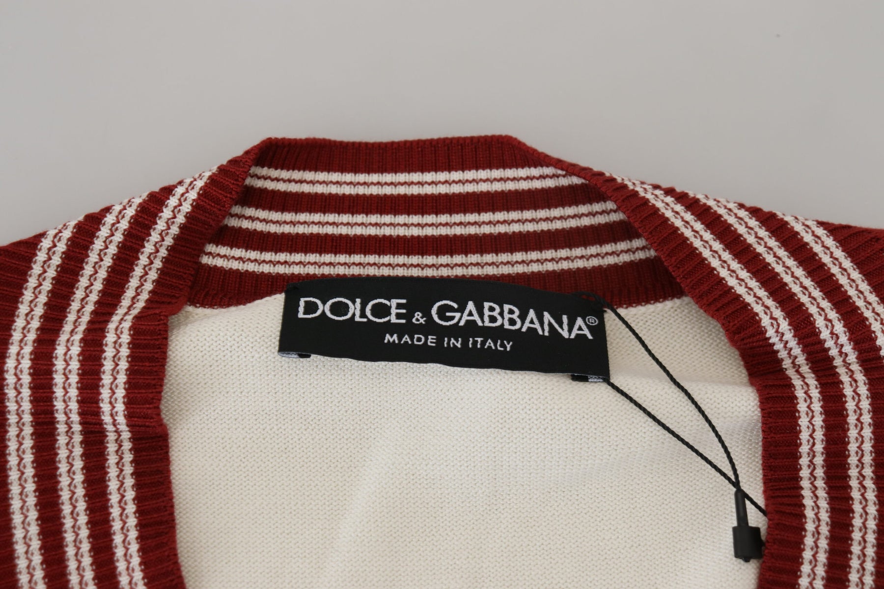 Dolce & Gabbana White Red Knitted V-neck Pullover Sweater | Regal Royce