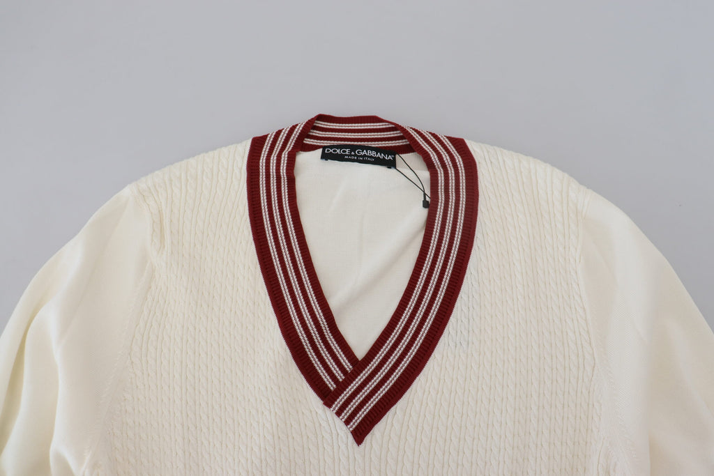 Dolce & Gabbana White Red Knitted V-neck Pullover Sweater