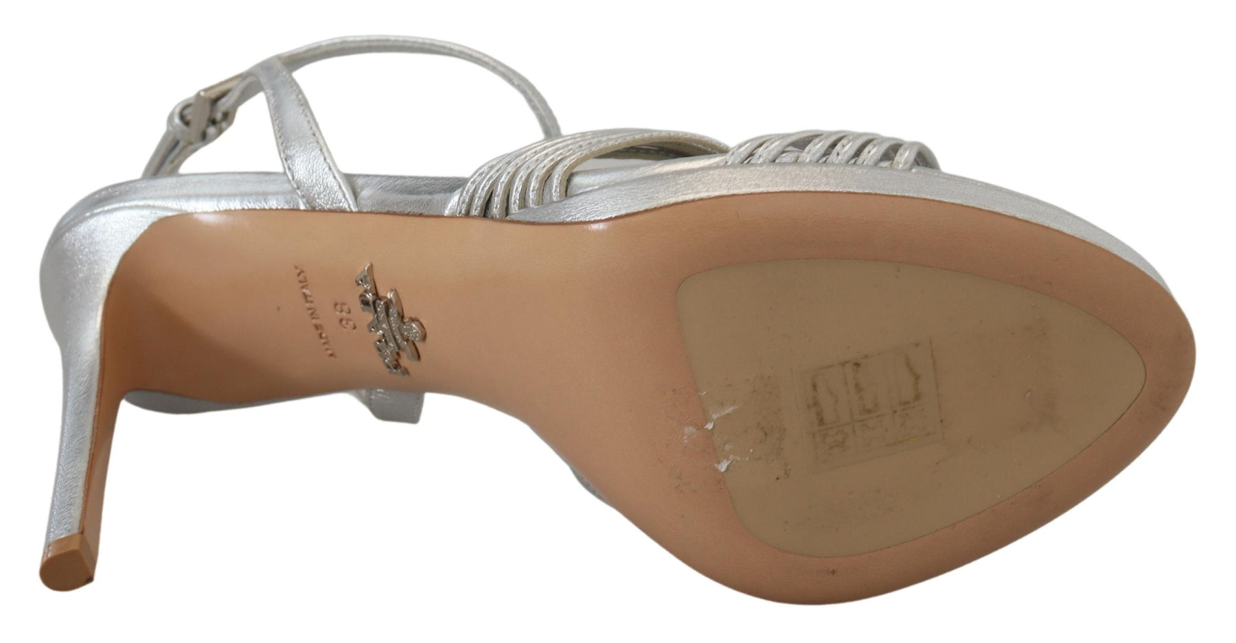 Prada Silver Leather Sandals Ankle Strap Heels Stiletto | Regal Royce