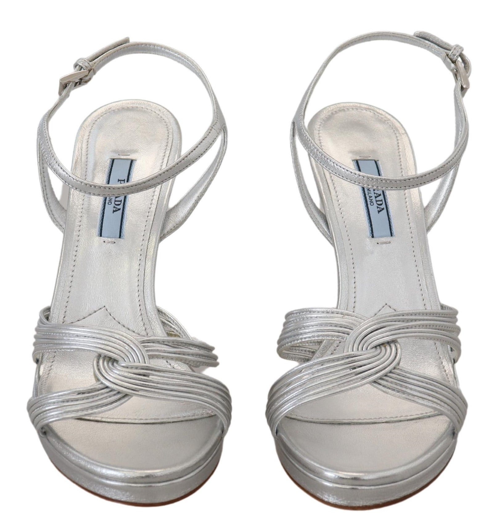 Prada Silver Leather Sandals Ankle Strap Heels Stiletto | Regal Royce