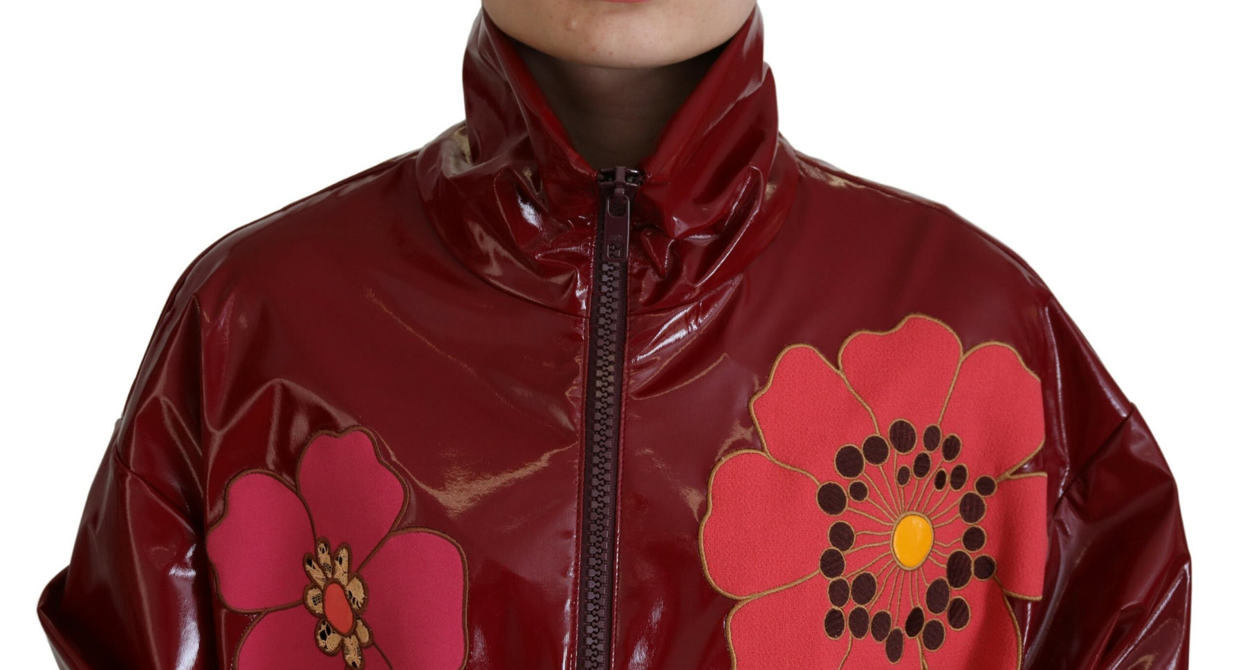 Dolce & Gabbana Maroon Floral Full Zip Polyester Women Jacket | Regal Royce