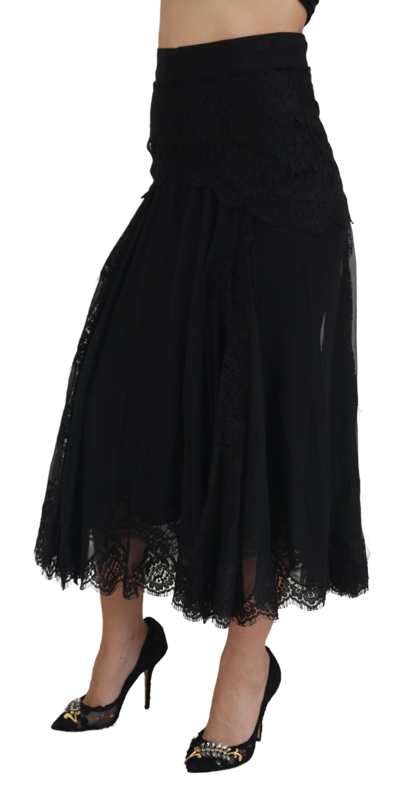 Dolce & Gabbana Black Silk Lace Trim High Waist Midi Skirt | Regal Royce