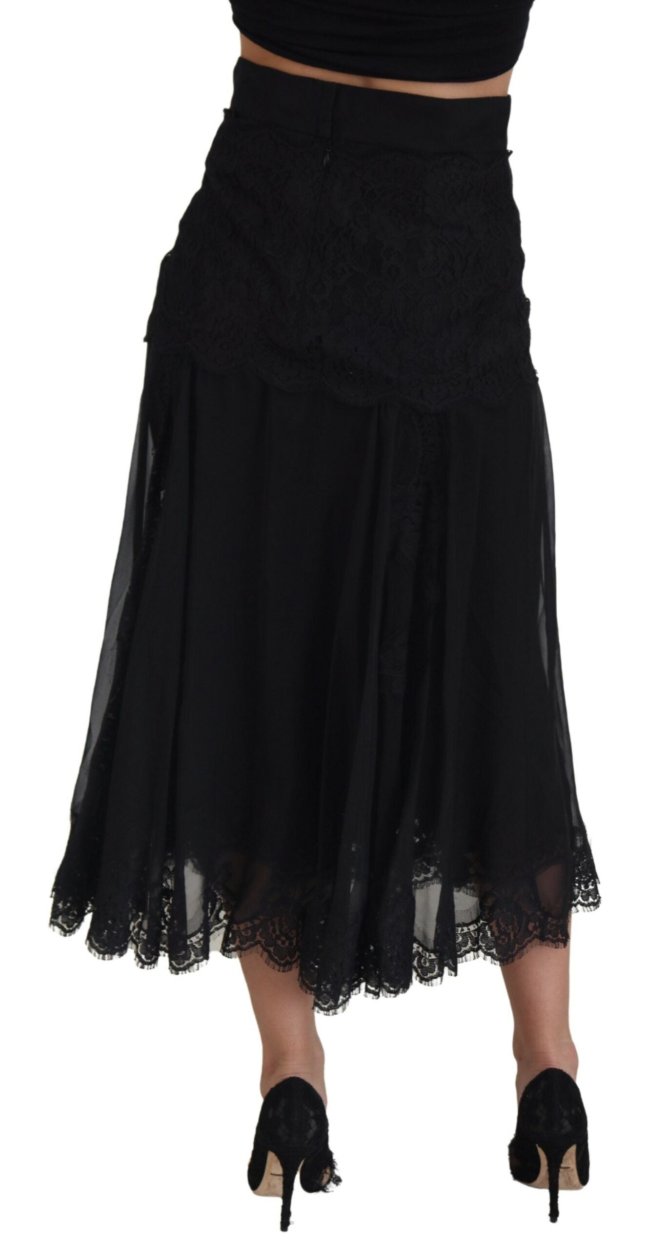 Dolce & Gabbana Black Silk Lace Trim High Waist Midi Skirt | Regal Royce
