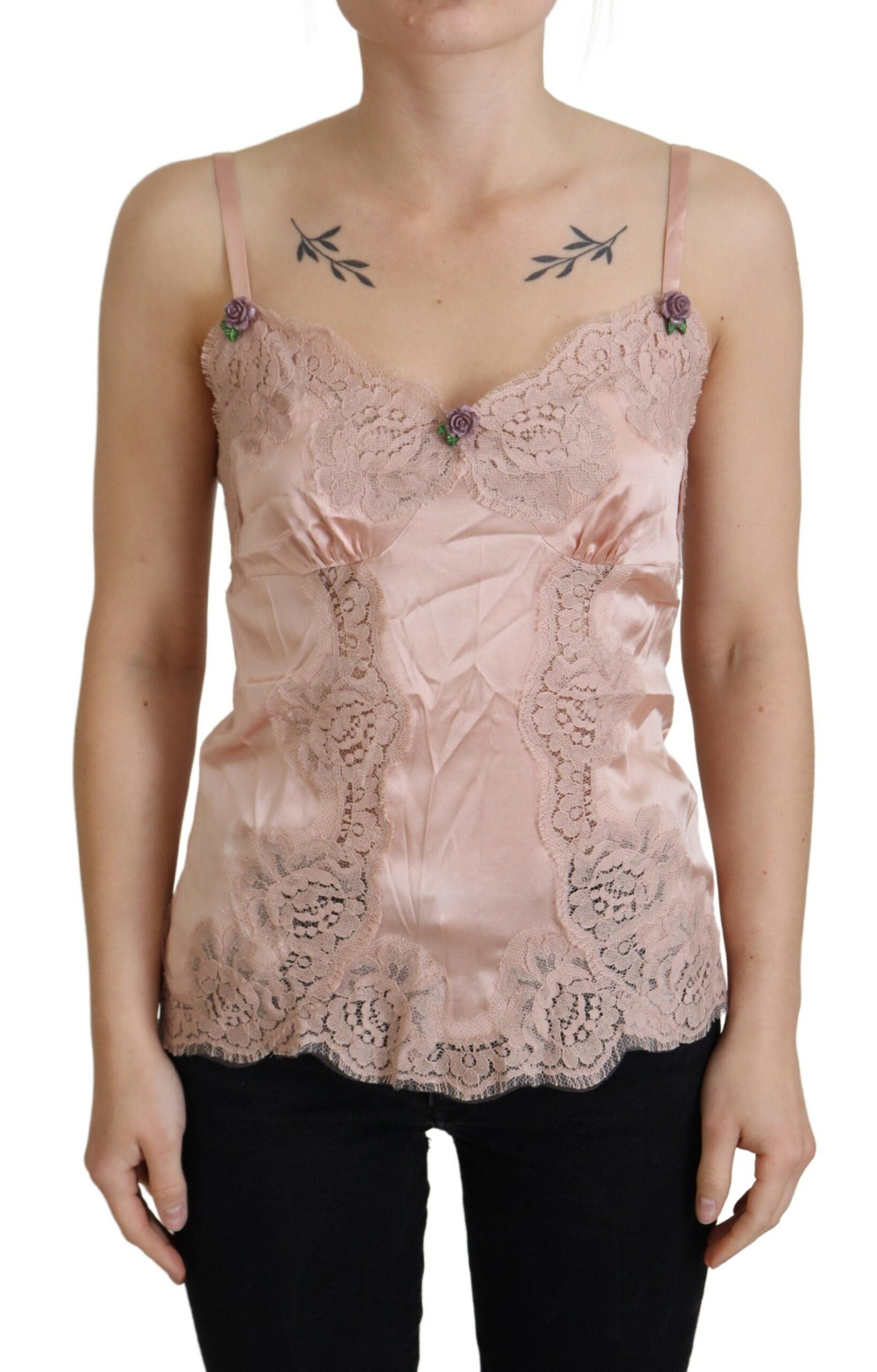 Dolce & Gabbana Pink Satin Lace Roses Tank Top Lingerie | Regal Royce