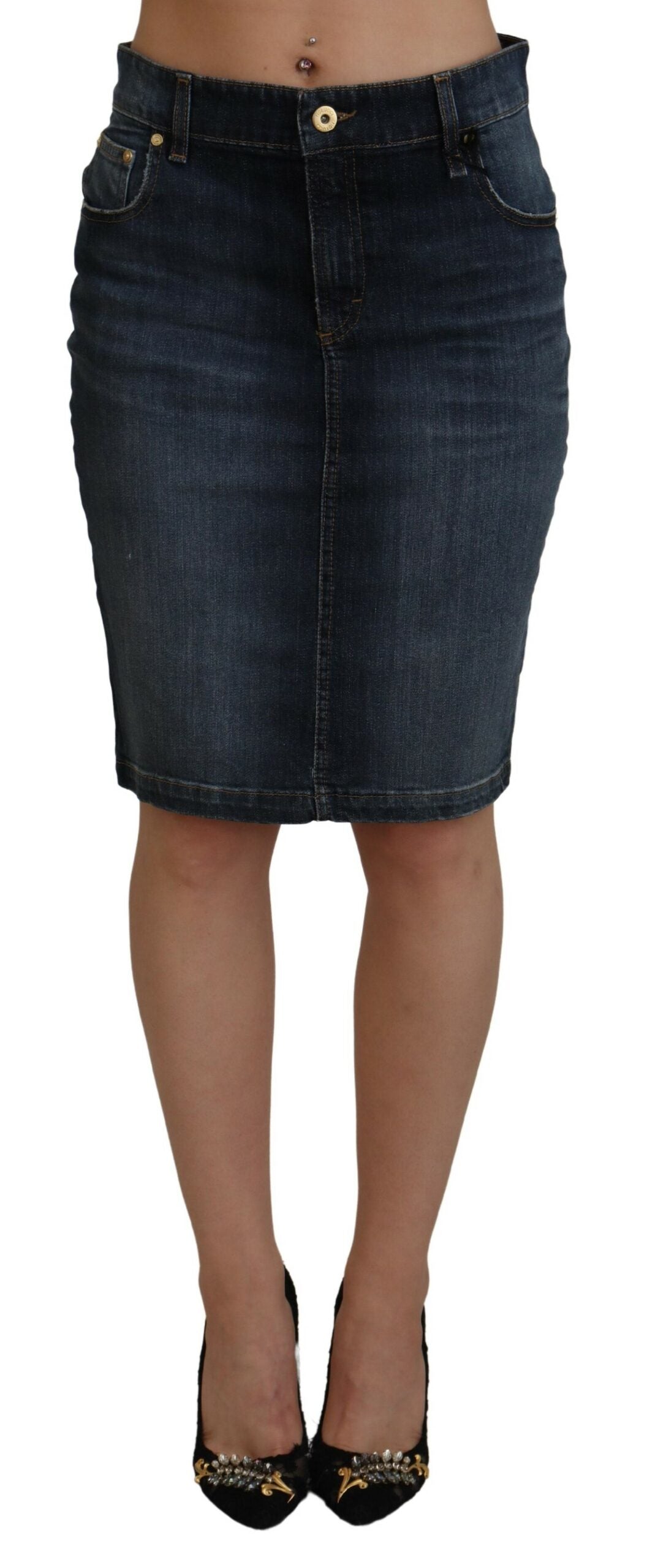 Fiorucci Dark Blue Washed Mid Waist Pencil Cut Denim Skirt | Regal Royce
