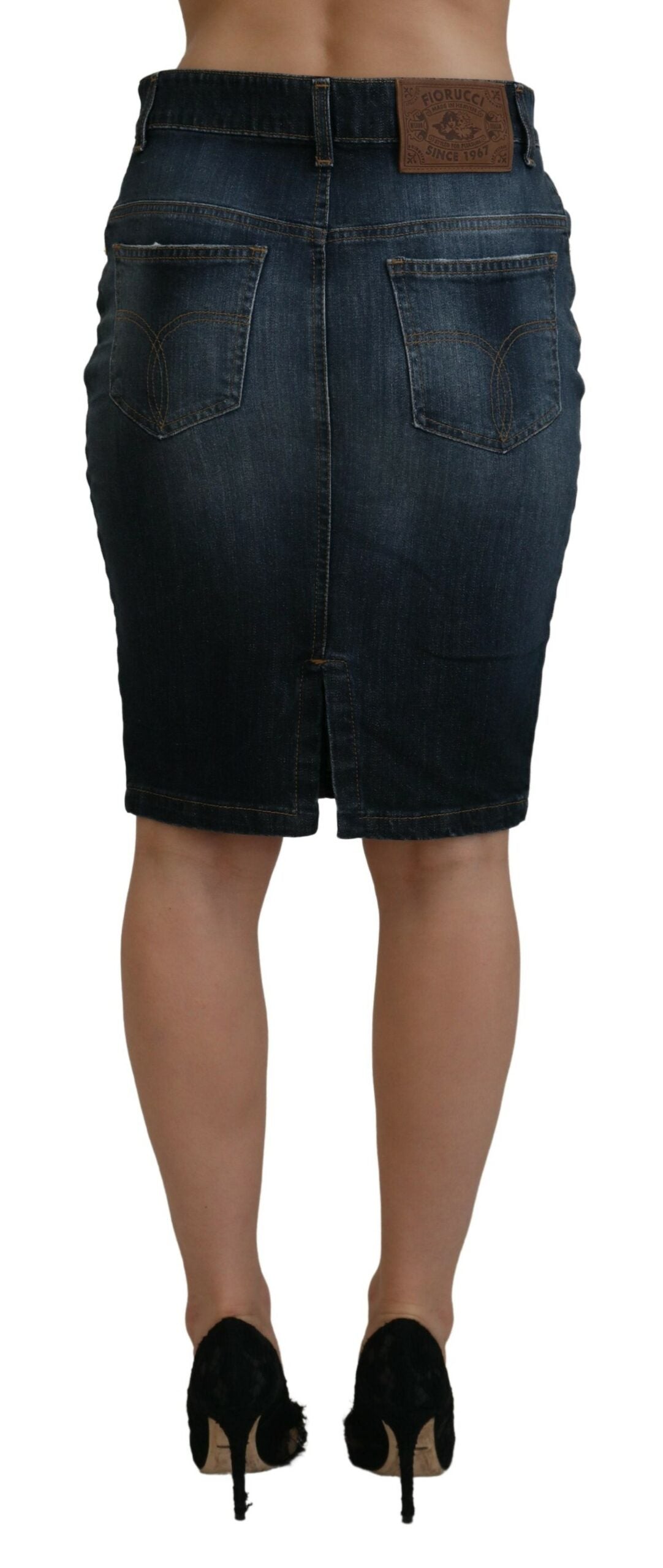 Fiorucci Dark Blue Washed Mid Waist Pencil Cut Denim Skirt | Regal Royce
