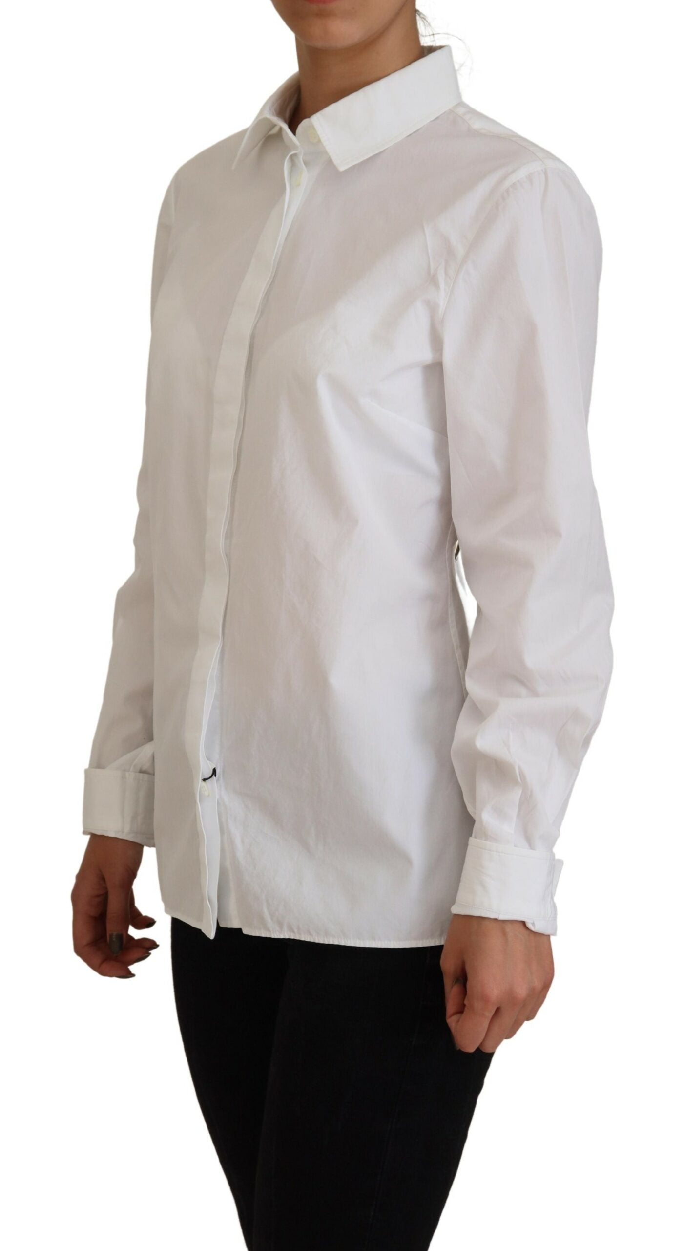 Dolce & Gabbana White Cotton Collared Long Sleeves Formal Top | Regal Royce