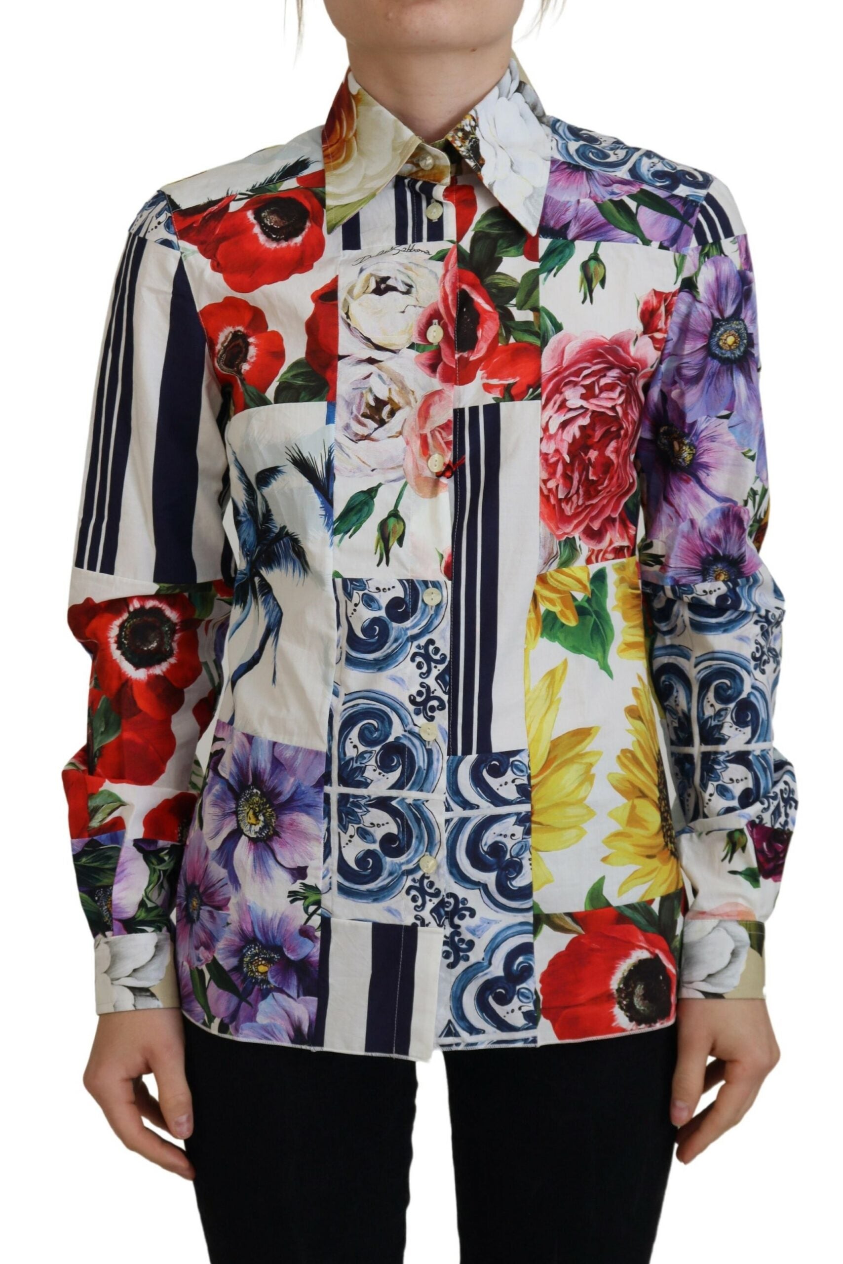Dolce & Gabbana Multicolor Floral Cotton Collared Blouse Top | Regal Royce