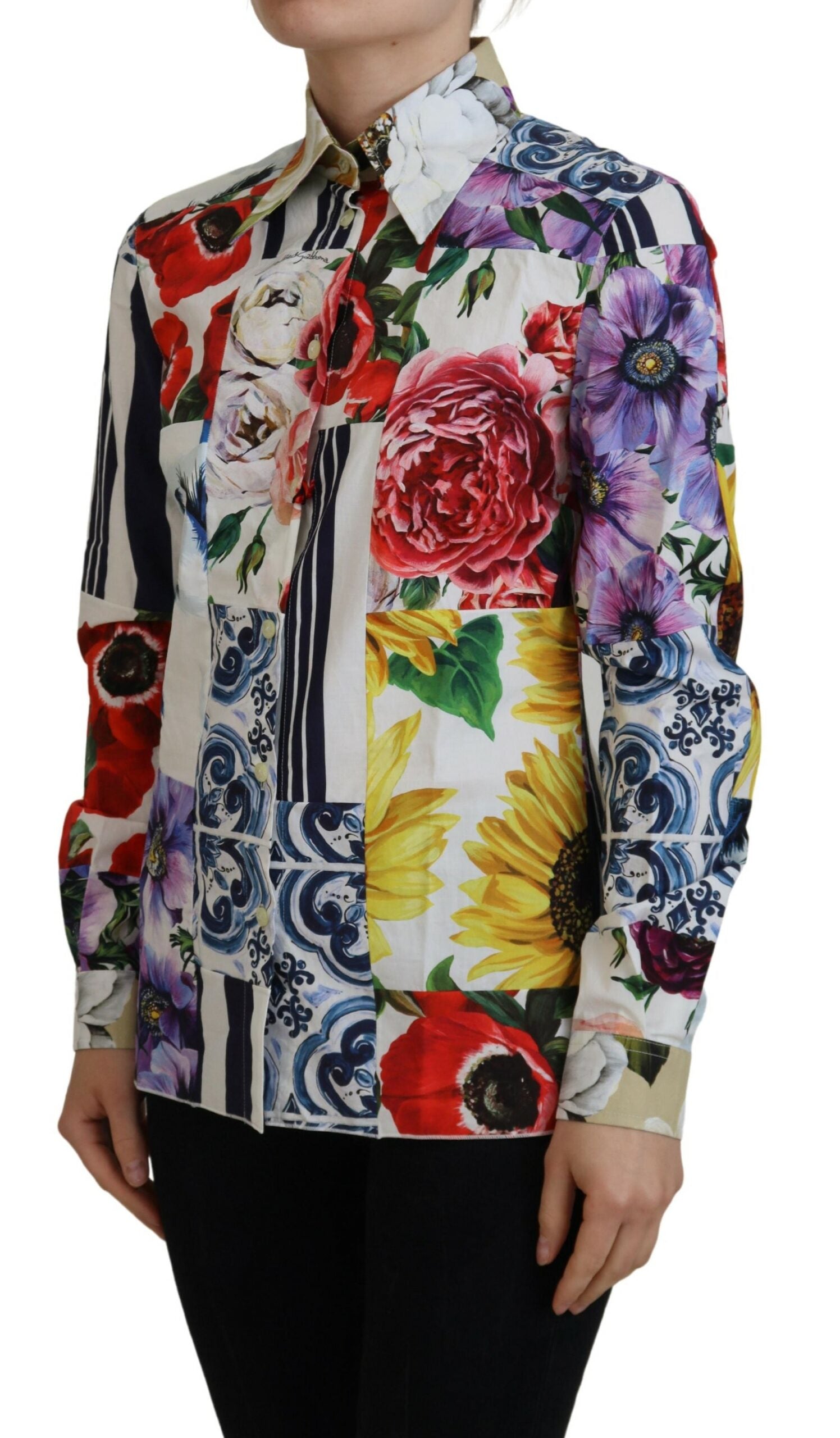 Dolce & Gabbana Multicolor Floral Cotton Collared Blouse Top | Regal Royce