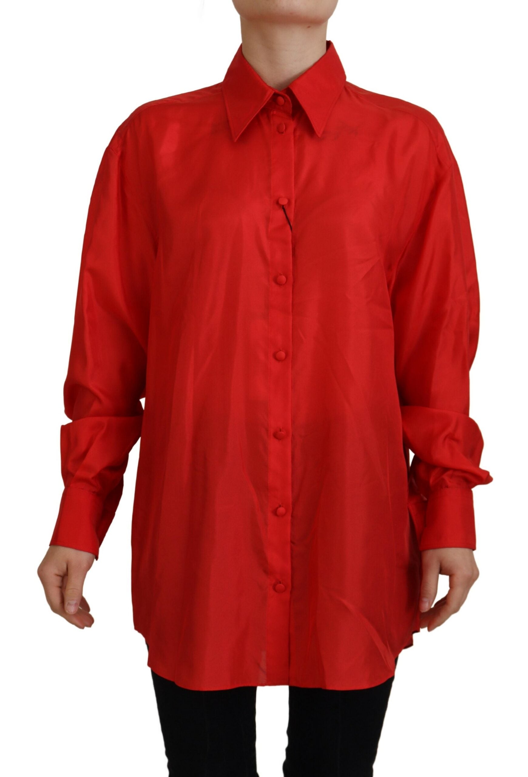 Dolce & Gabbana Red Silk Collared Long Sleeves Dress Shirt Top | Regal Royce