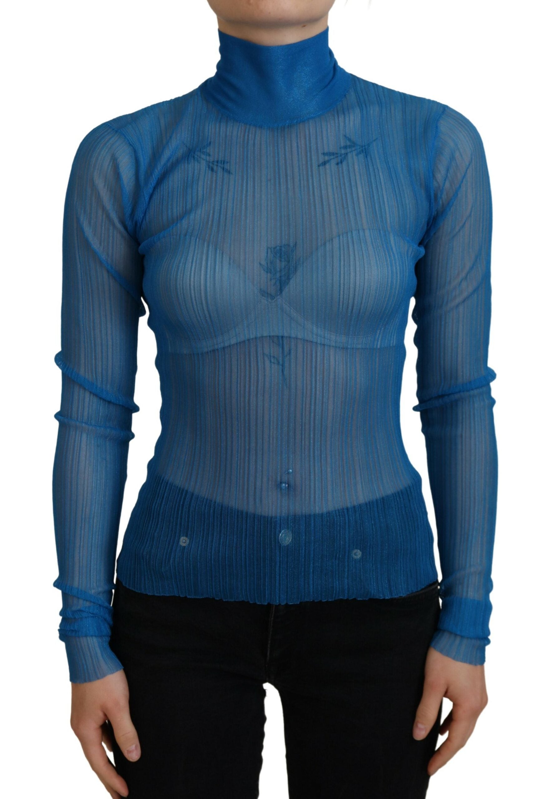 Dolce & Gabbana Blue Mesh Turtleneck Long Sleeve Blouse Top | Regal Royce
