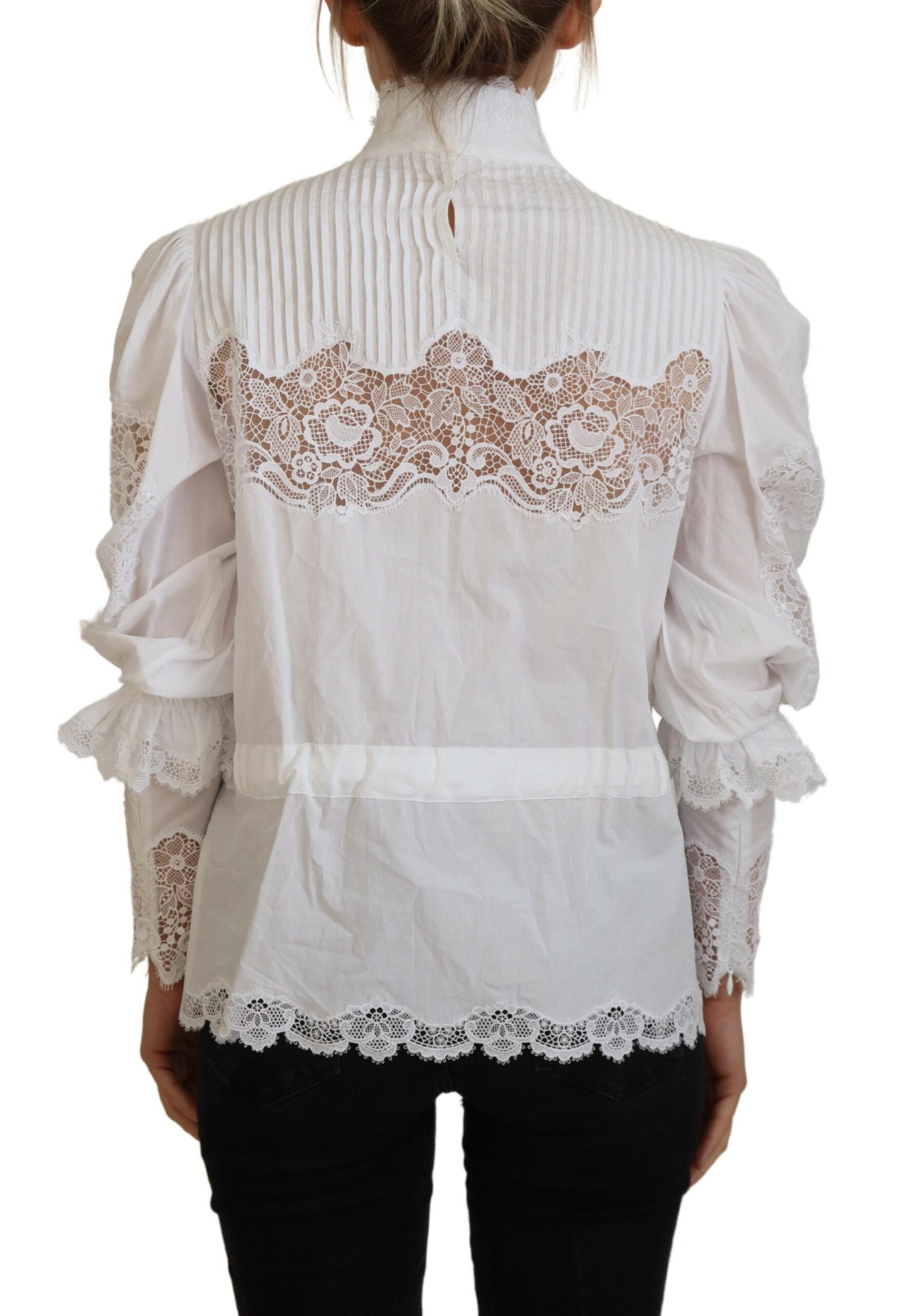 Dolce & Gabbana White Cotton Lace Trim Turtle Neck Blouse Top | Regal Royce