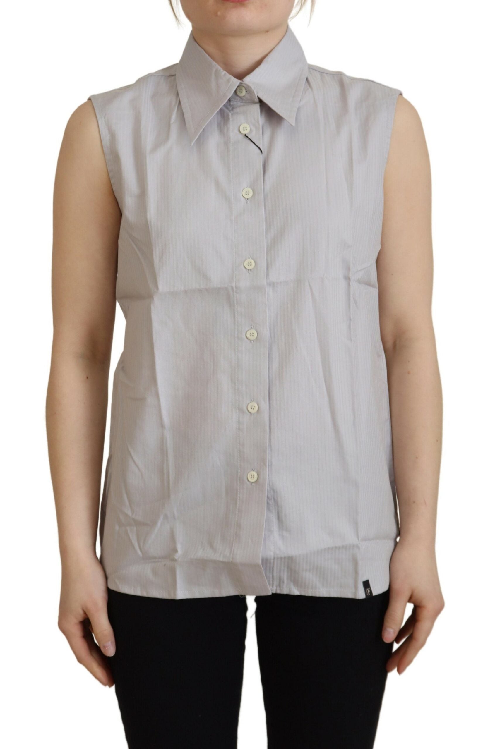 Ferre Light Gray Stripes Cotton Sleeveless Collared Top | Regal Royce