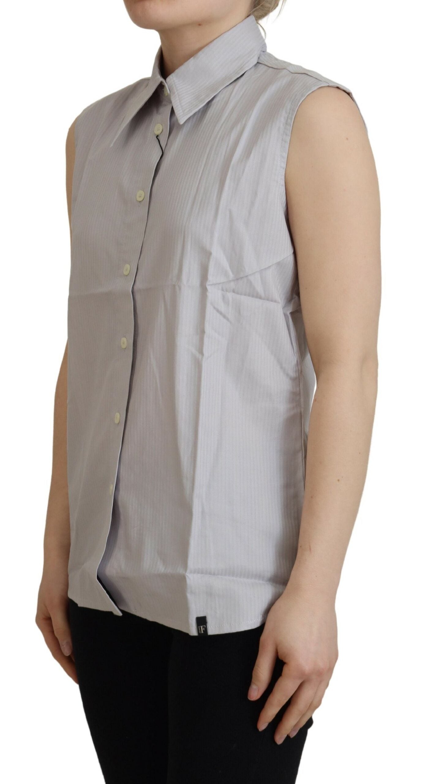 Ferre Light Gray Stripes Cotton Sleeveless Collared Top | Regal Royce