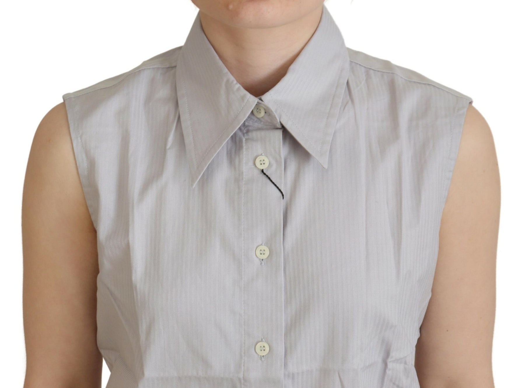 Ferre Light Gray Stripes Cotton Sleeveless Collared Top | Regal Royce