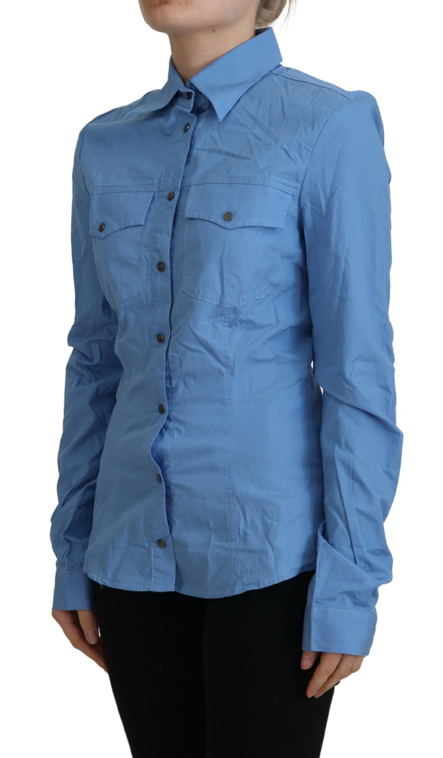 Ferre Blue Cotton Long Sleeves Collared Button Down Top | Regal Royce