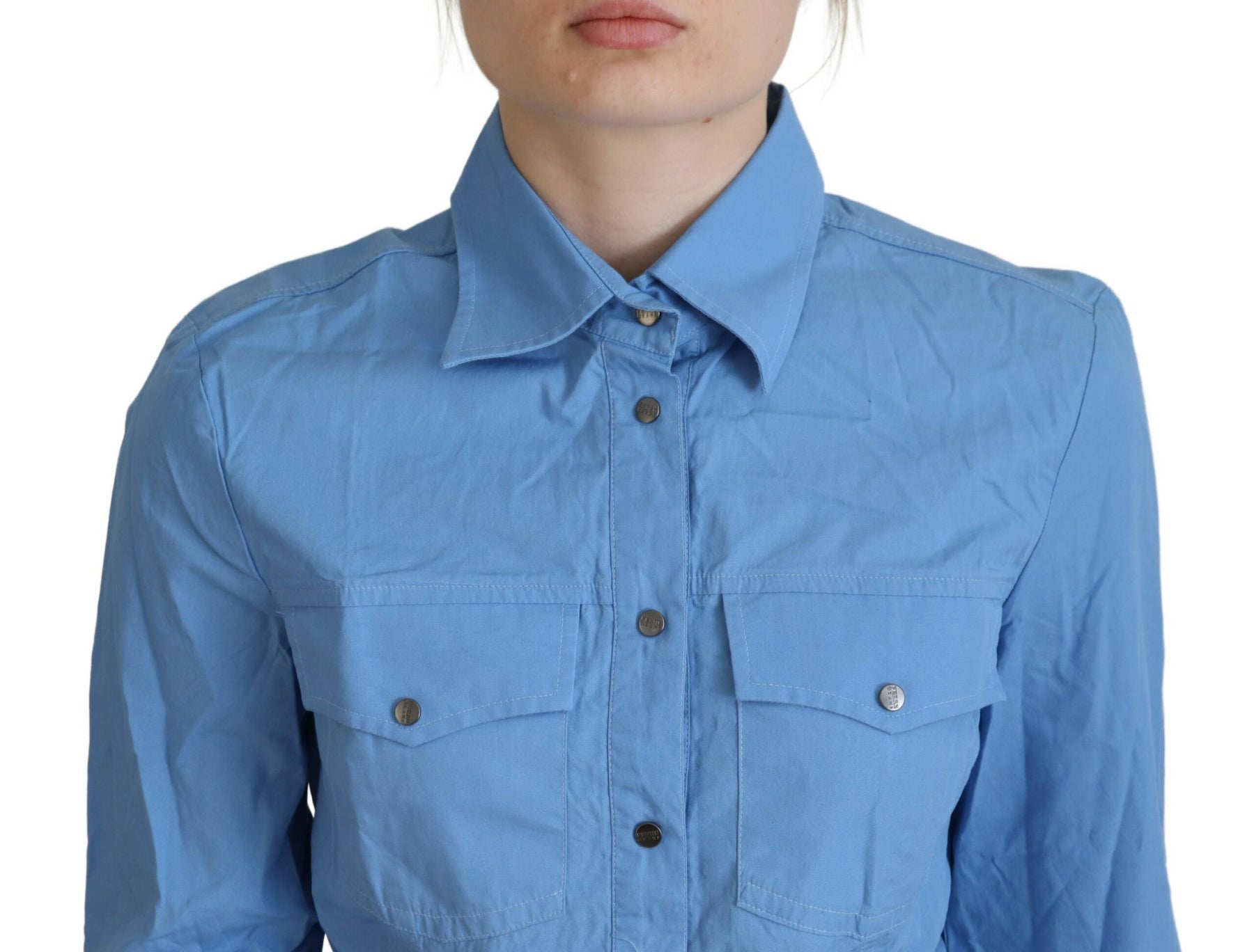 Ferre Blue Cotton Long Sleeves Collared Button Down Top | Regal Royce