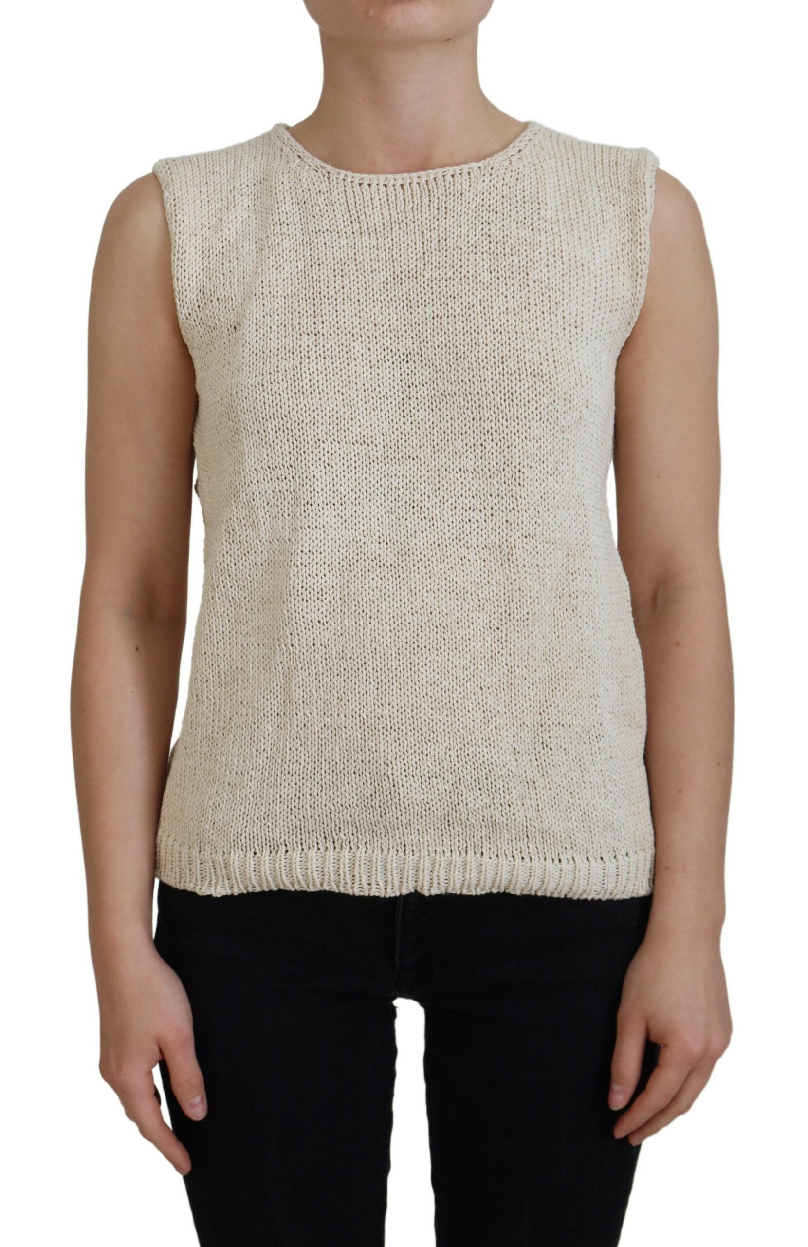 PINK MEMORIES Beige Cotton Blend Sleeveless Round Neck Tank Top | Regal Royce
