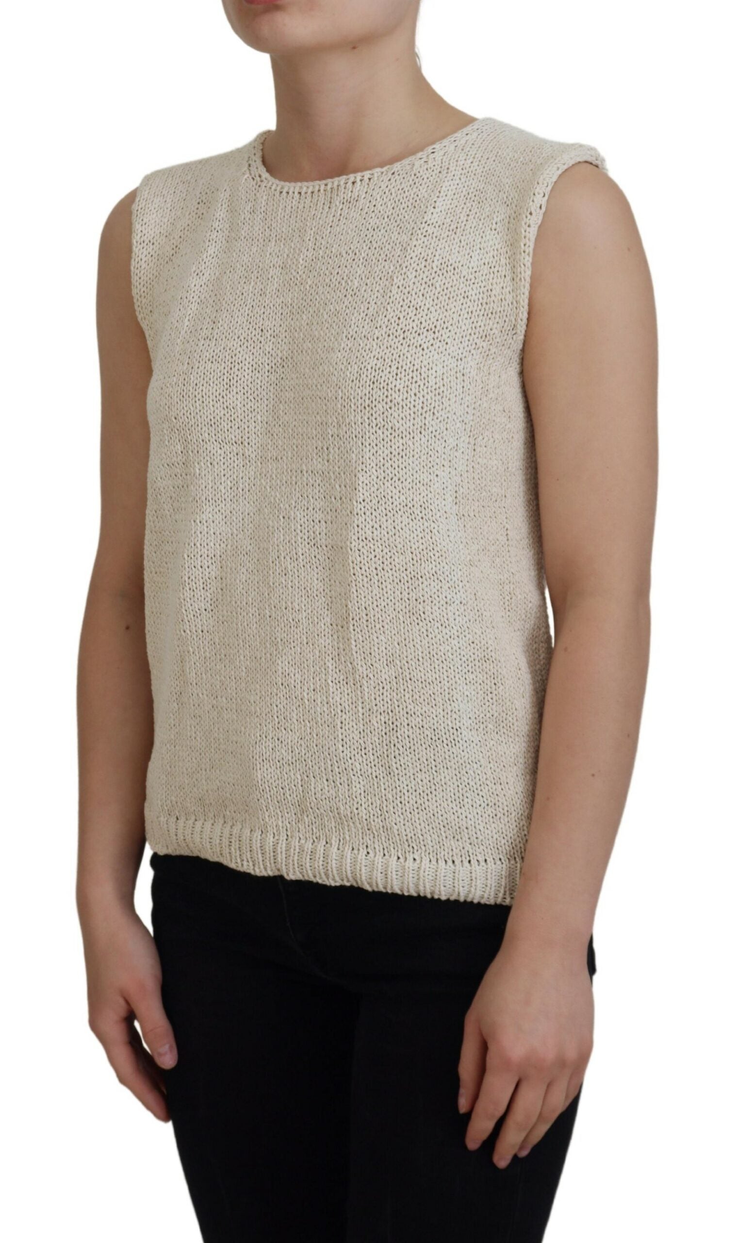 PINK MEMORIES Beige Cotton Blend Sleeveless Round Neck Tank Top | Regal Royce