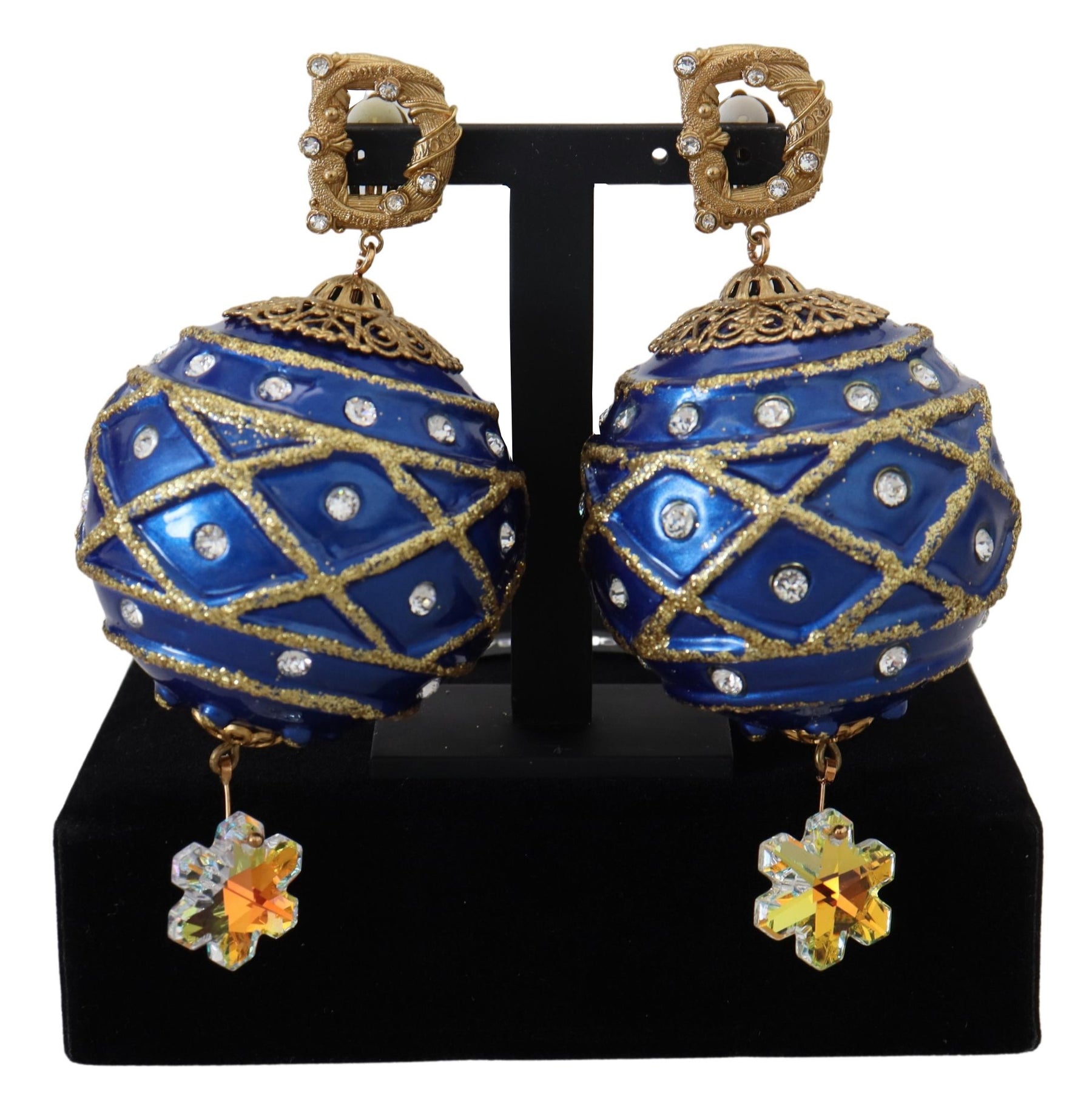 Dolce & Gabbana Gold Brass Blue Dangle Ball Crystal Clip On Earrings | Regal Royce