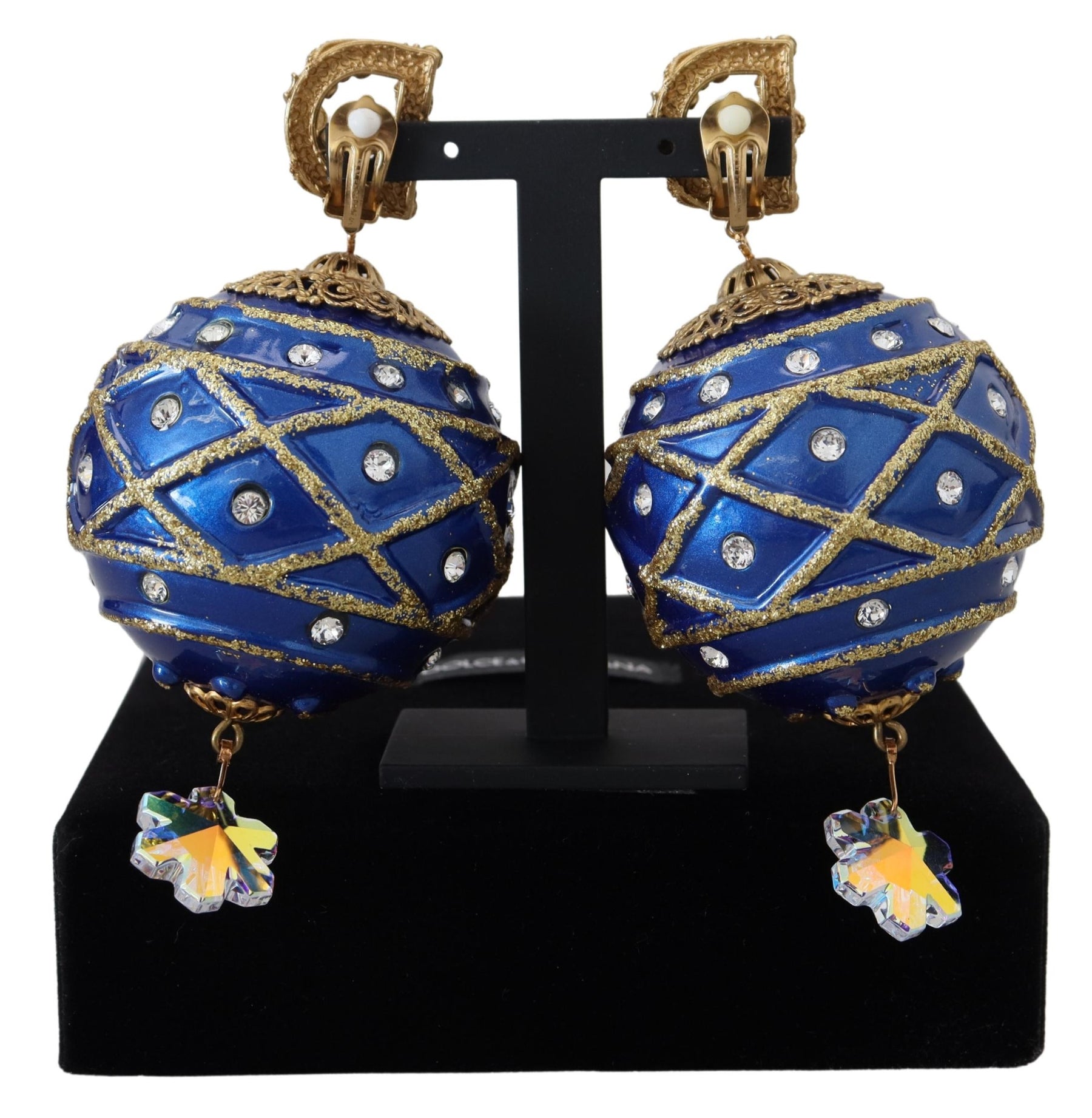 Dolce & Gabbana Gold Brass Blue Dangle Ball Crystal Clip On Earrings | Regal Royce