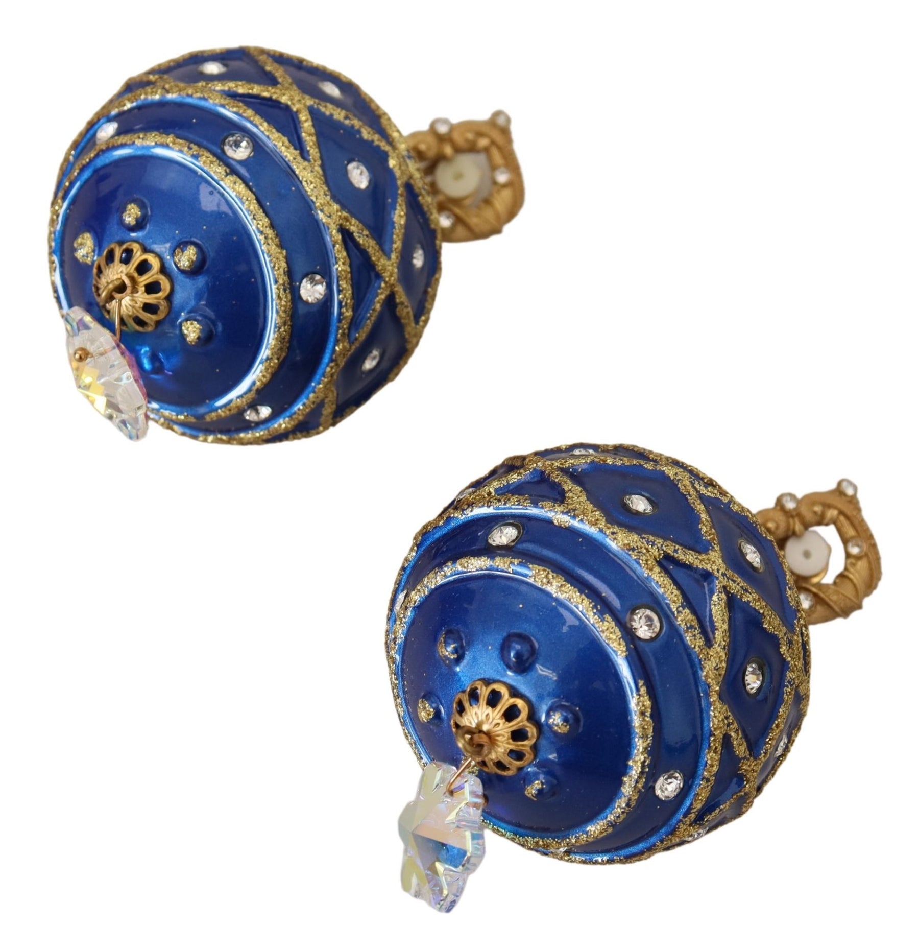 Dolce & Gabbana Gold Brass Blue Dangle Ball Crystal Clip On Earrings | Regal Royce