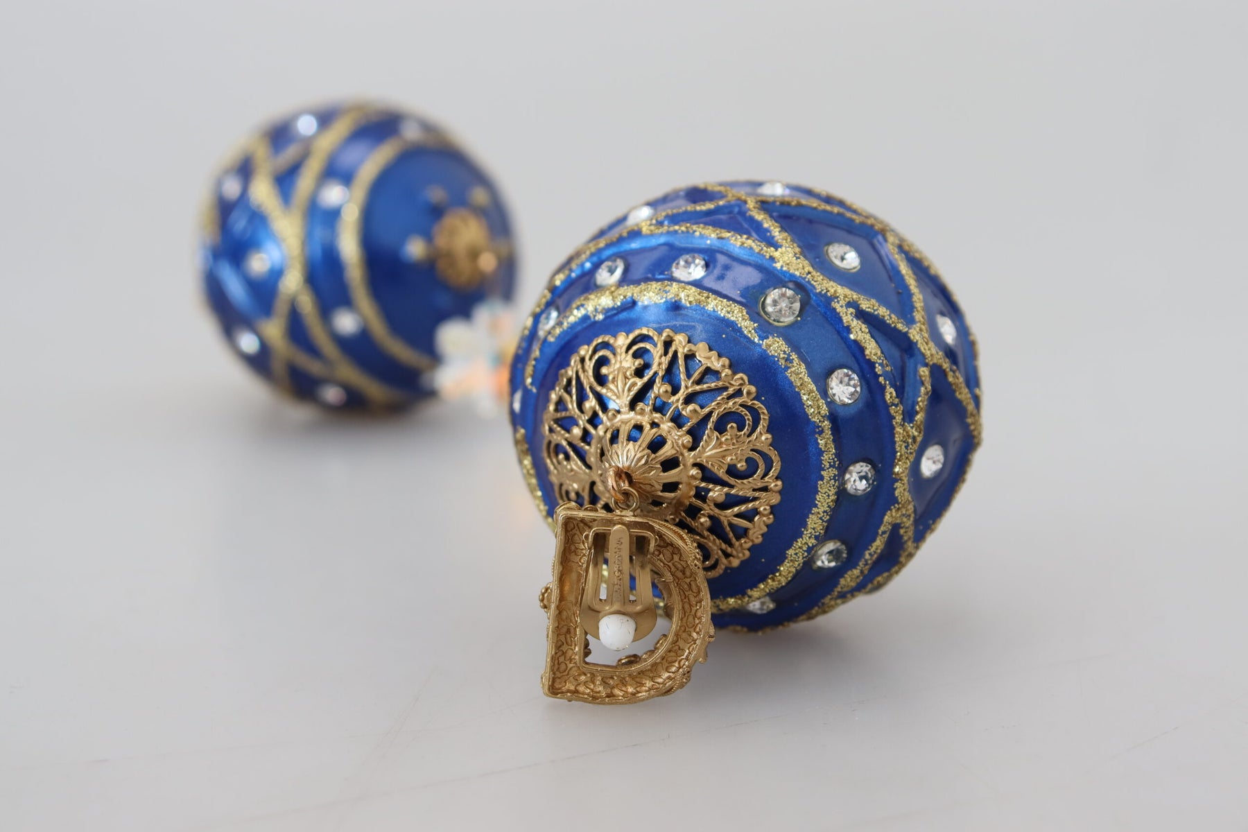 Dolce & Gabbana Gold Brass Blue Dangle Ball Crystal Clip On Earrings | Regal Royce