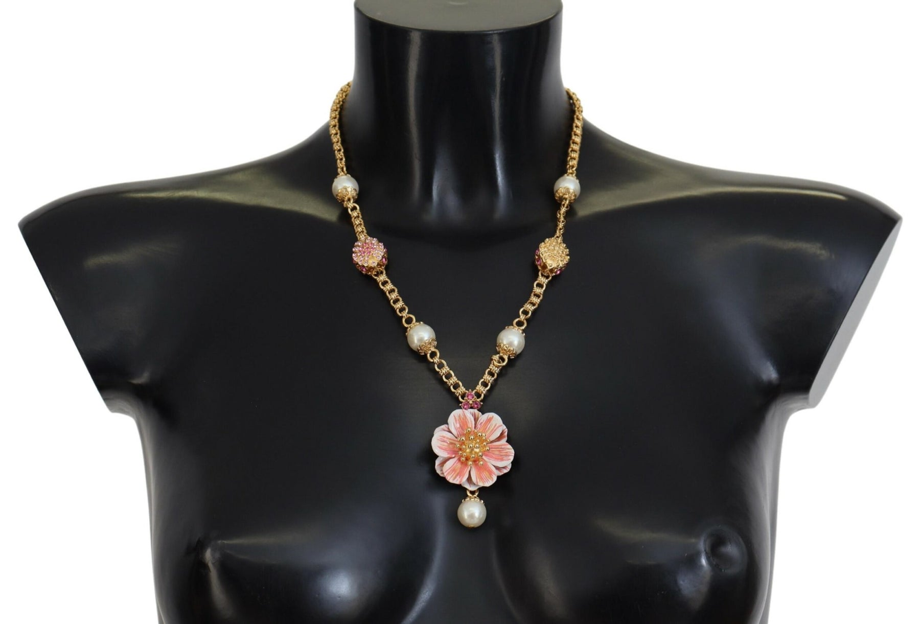 Dolce & Gabbana Gold Tone Floral Crystals Pink Embellished Necklace | Regal Royce