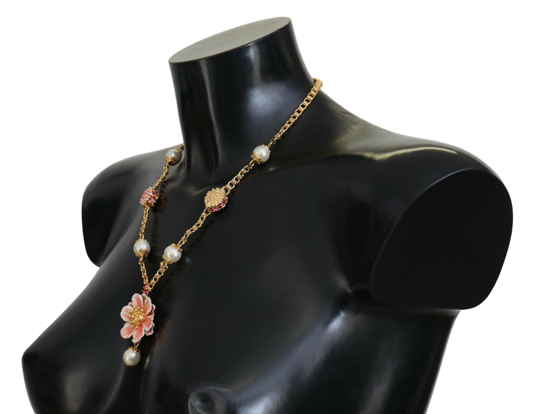 Dolce & Gabbana Gold Tone Floral Crystals Pink Embellished Necklace | Regal Royce